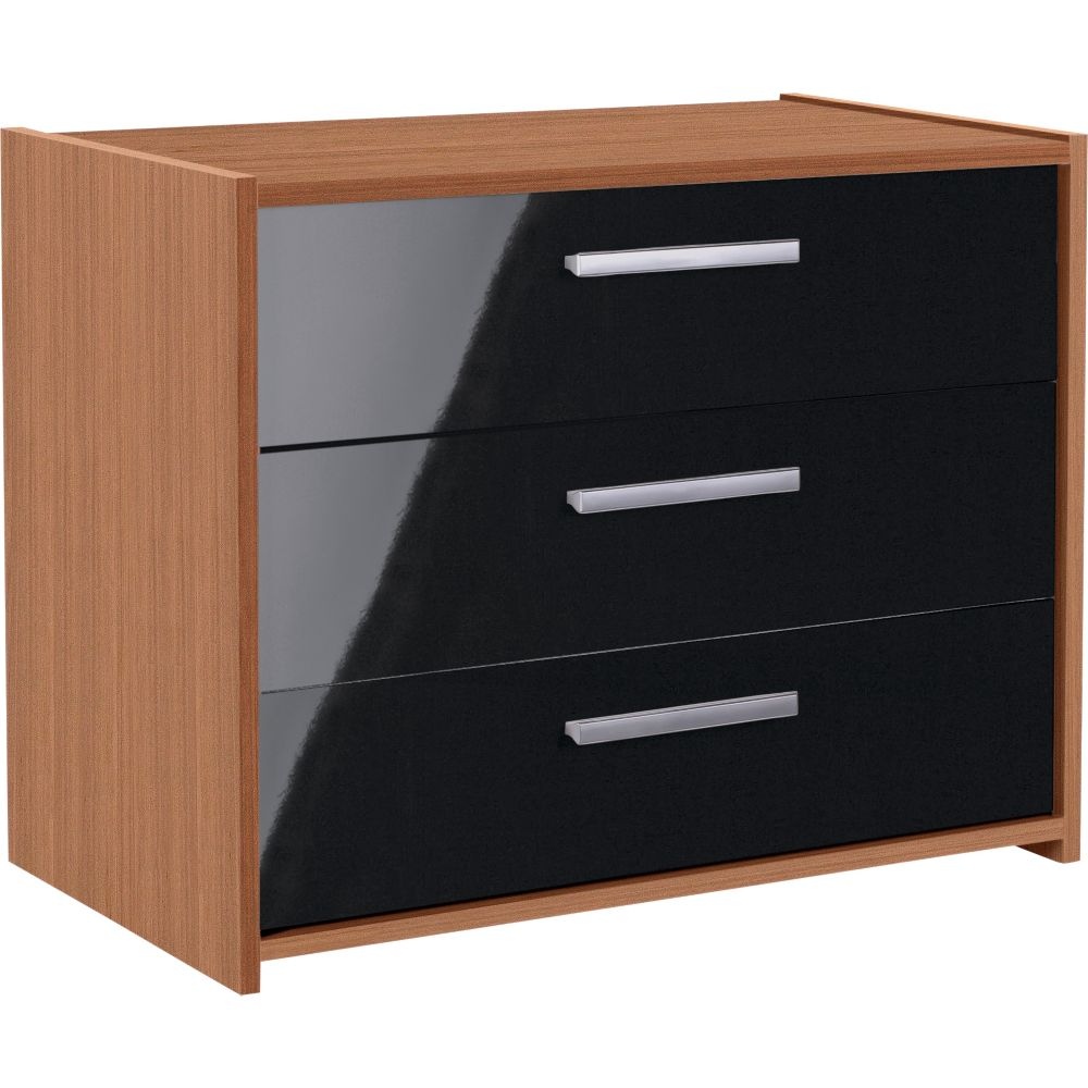 Sywell Walnut & Black Gloss Chest 3 Drawers Bedroom