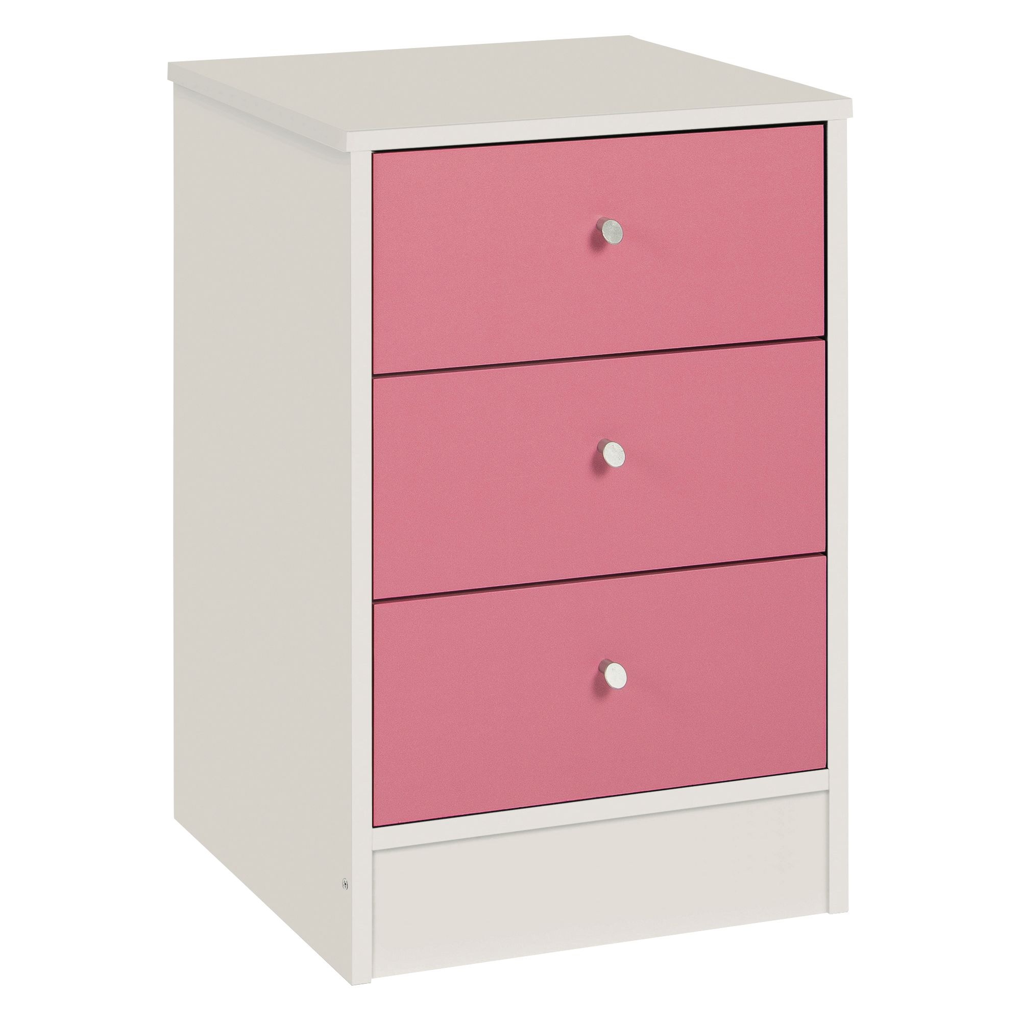 Malibu 3 Drawer Bedside Chest of Draws Pink on White Table