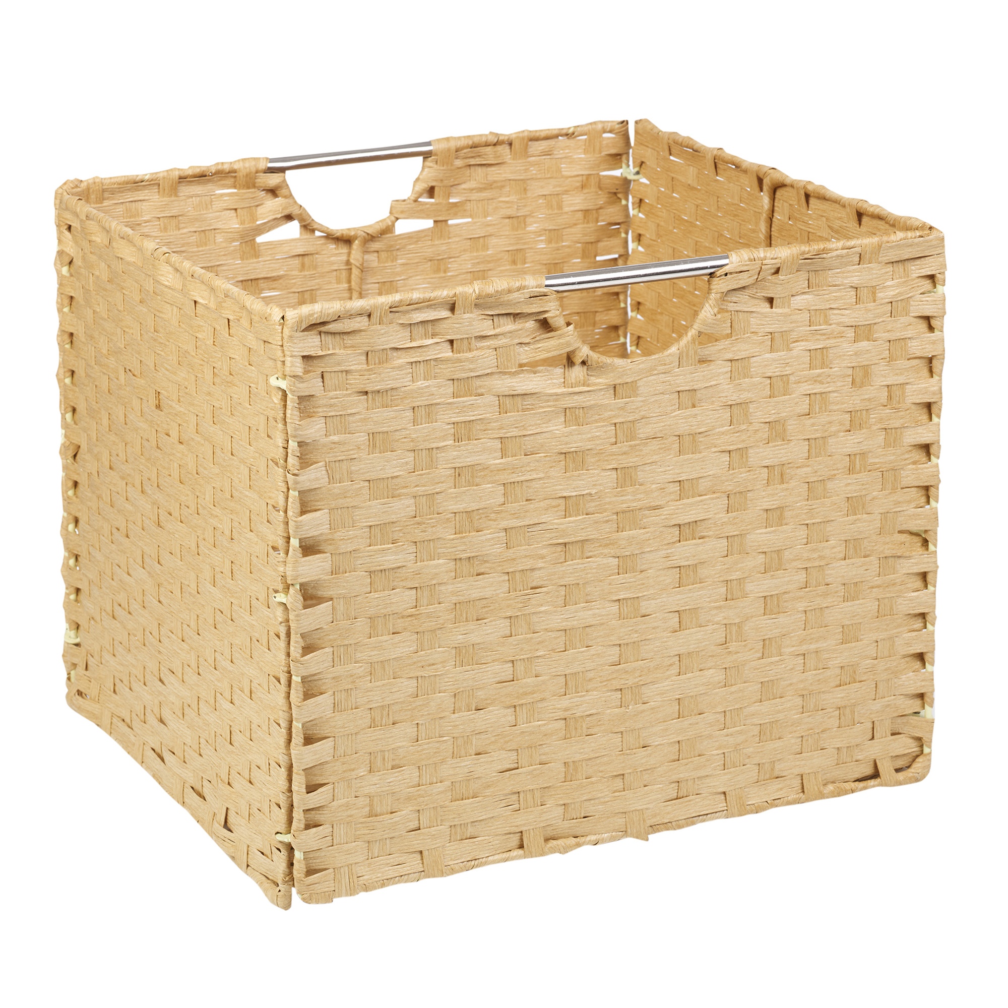 Woven Rattan Square Wicker Storage Basket With Brushed Metal Handles