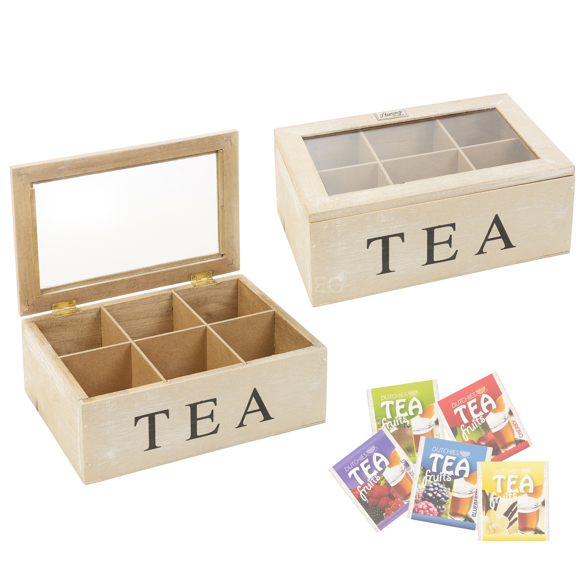 White Washed Wooden Tea Box 6 Section Compartments Container Bag Chest