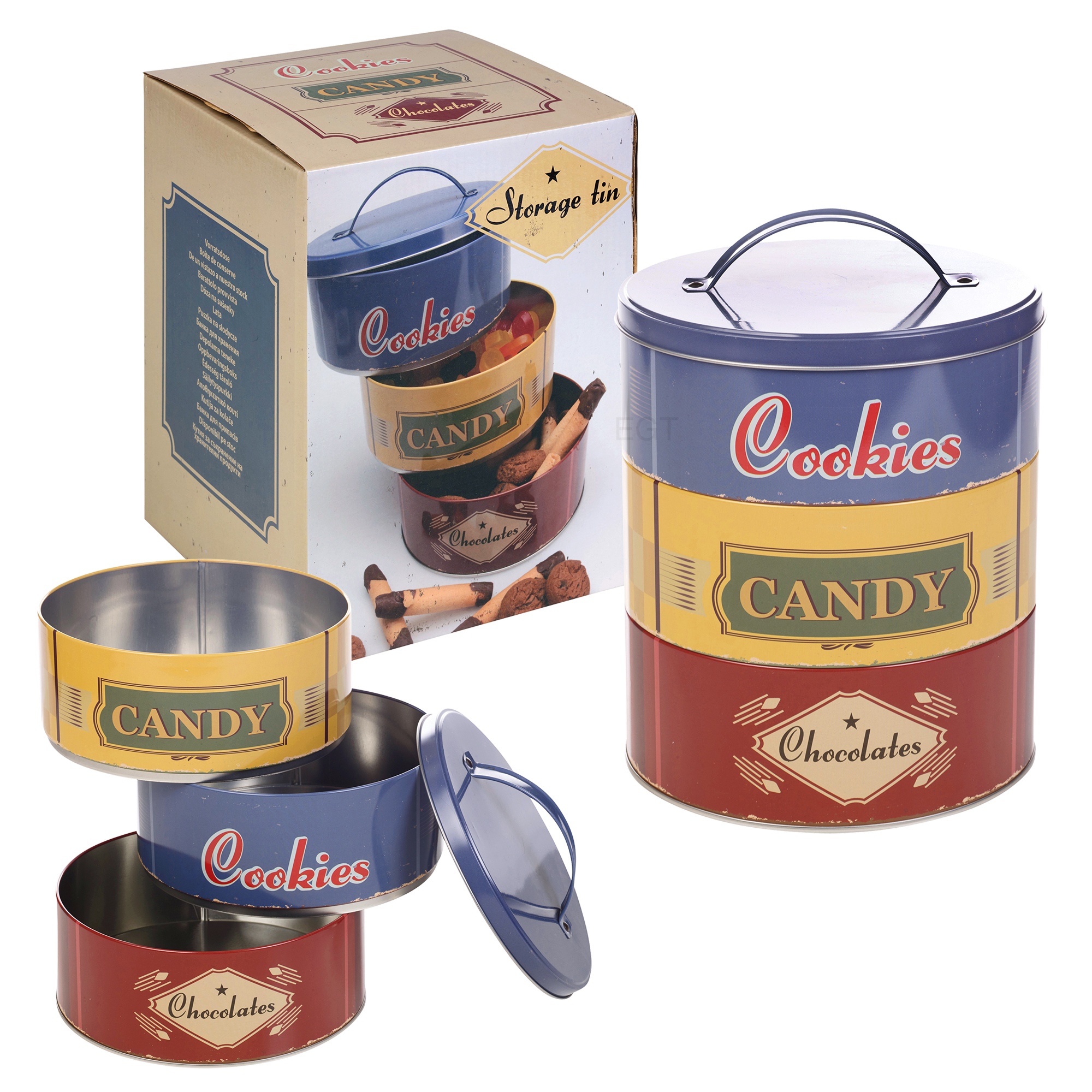 Set Of 3 Metal Round Cookie Tins Dry Food Kitchen Stackable Storage