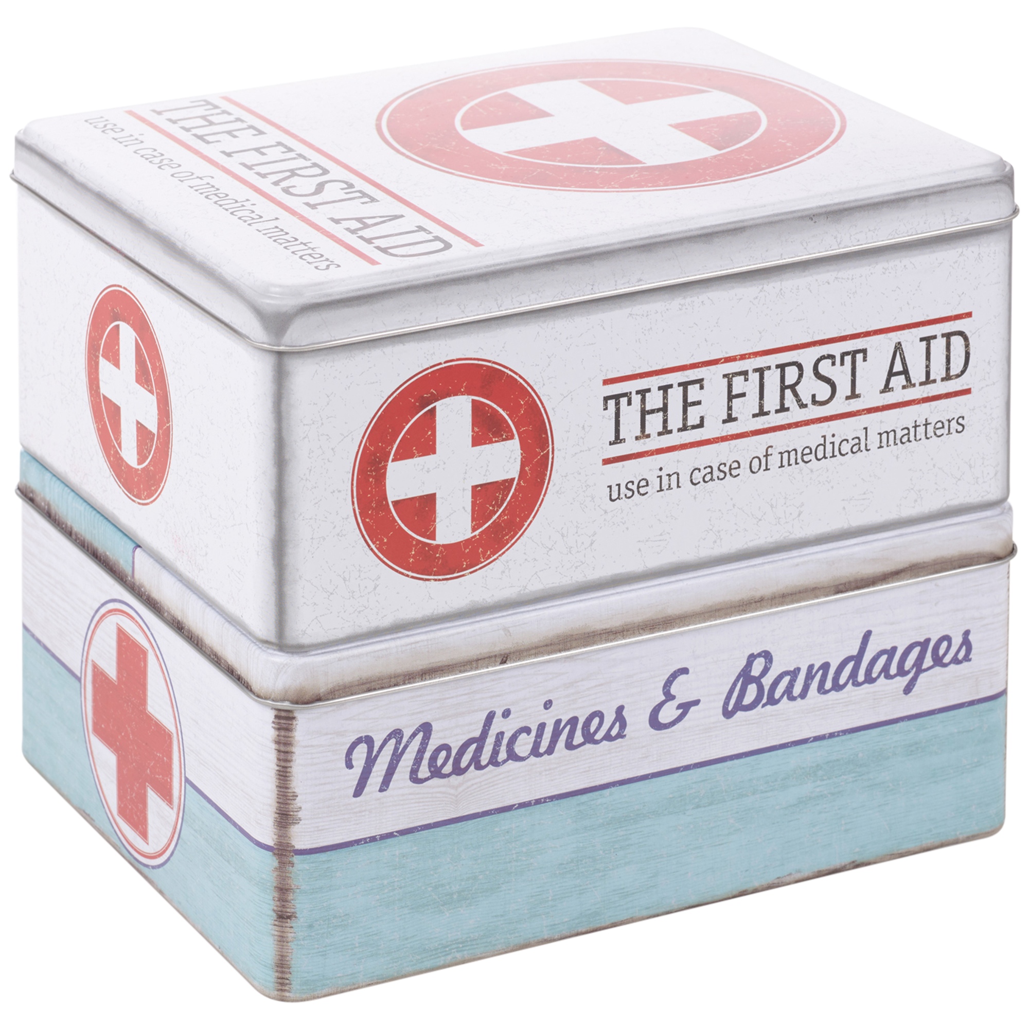 First Aid Medicine Storage Hinged Lid Tin Box Case Stylish Retro