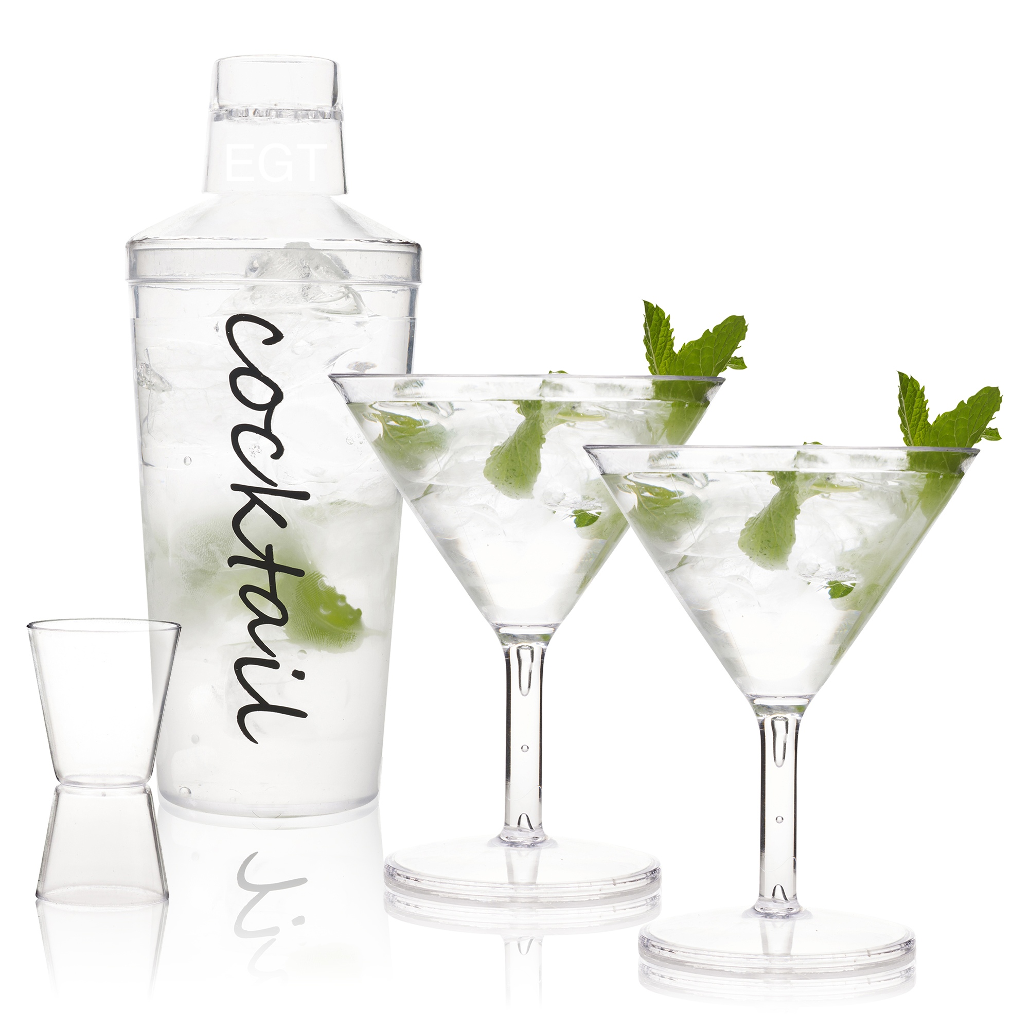 Cocktail Shaker Set 4 Piece Inc 2 Martini Glasses Plastic Unbreakable