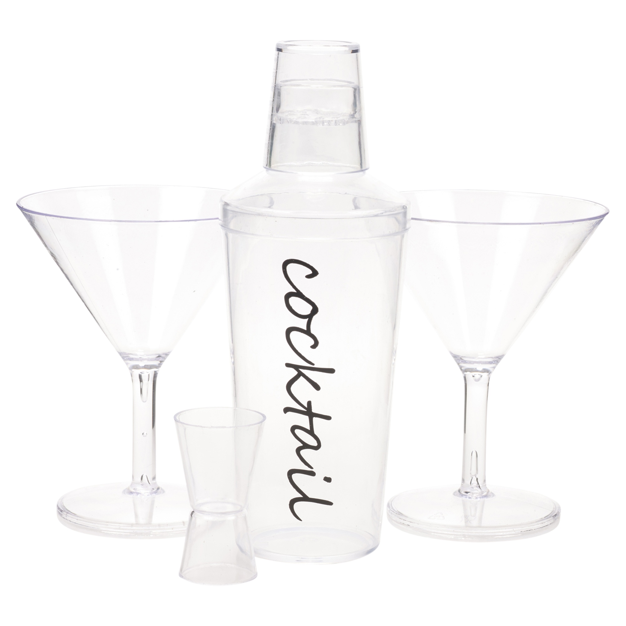 Cocktail Shaker Set 4 Piece Inc 2 Martini Glasses Plastic Unbreakable