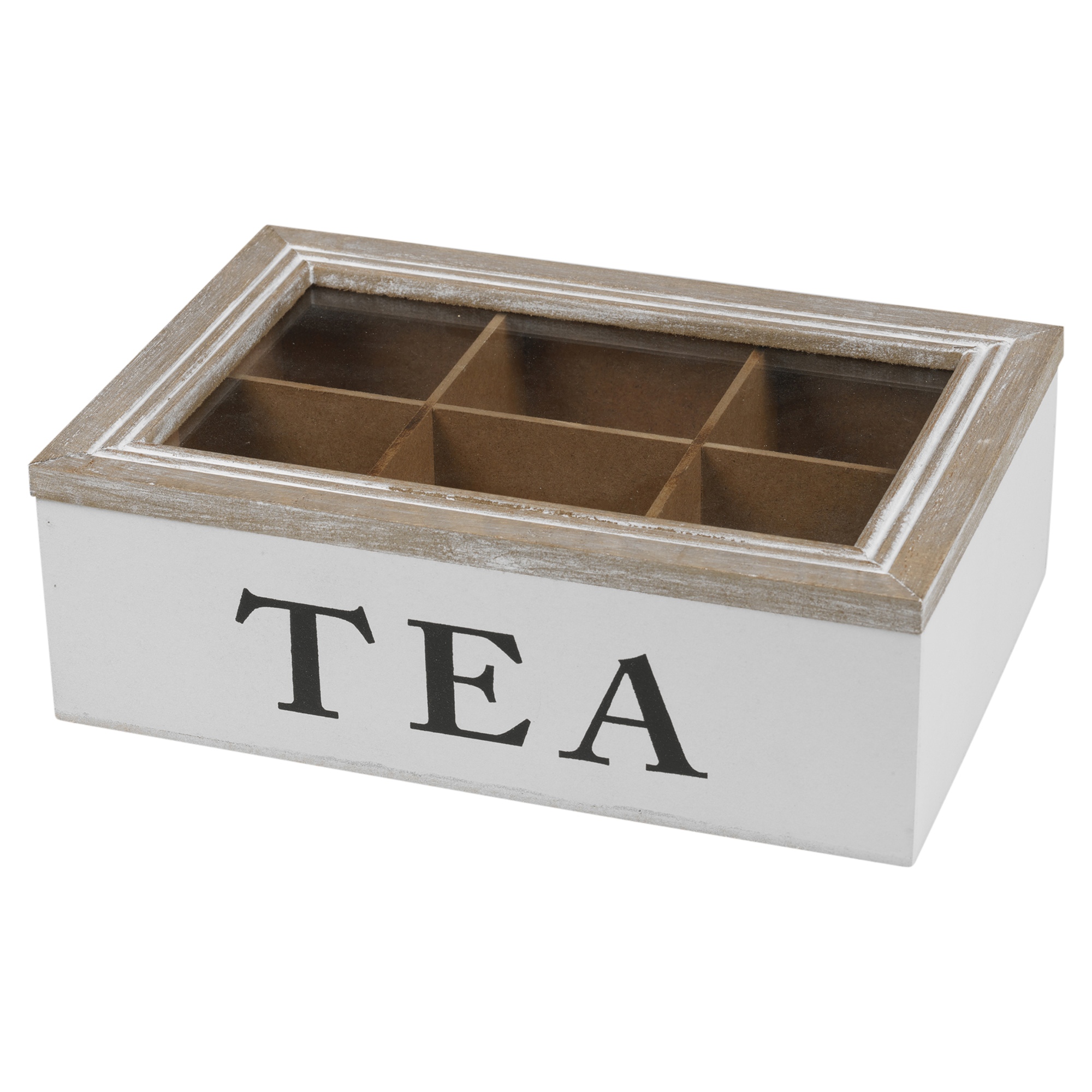 6 Section Wooden Tea Box Glass Hinged Lid Kitchen Storage Tea Bag Home