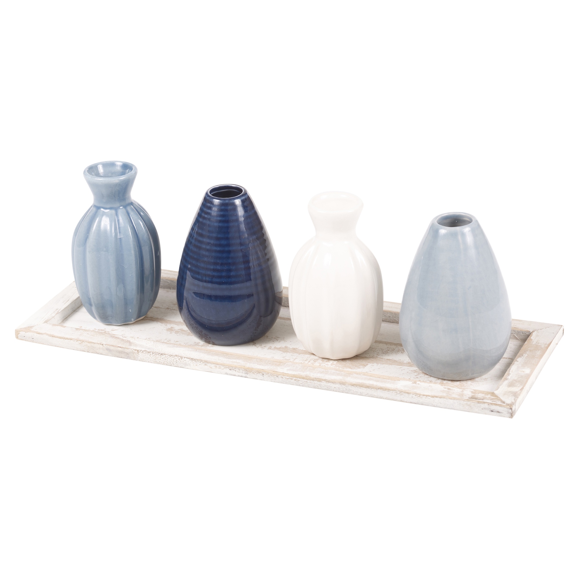 Home Decor 4 Ceramic Mini Flower Vases With Modern Wood Tray Mantle