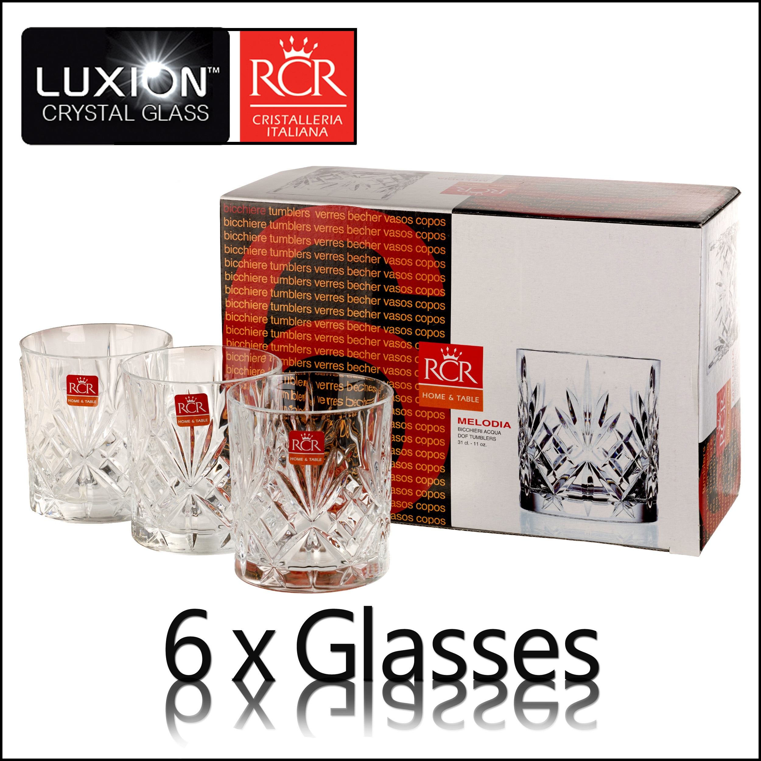 6 x 310ml RCR Luxion Crystal Glass Melodia Whiskey Glasses Drinking Cup