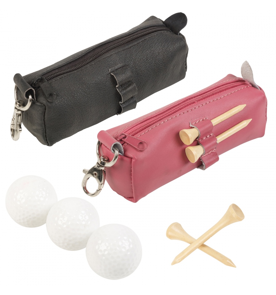 3 Golf Balls & Wooden Tees in Pink Leather Pouch