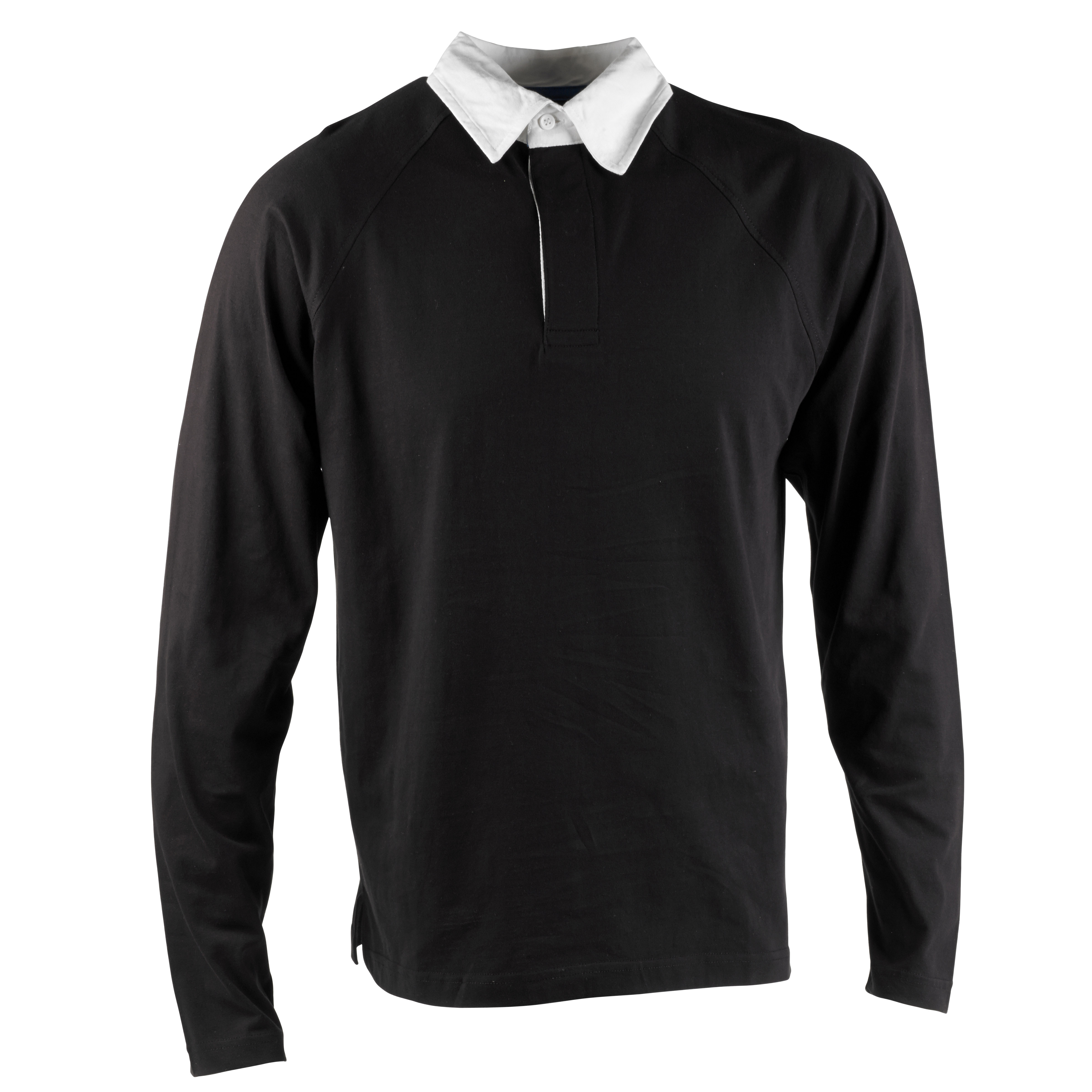 Mens US Basic Black Rugby Shirt Polo White Collar Top Long Sleeve 100% ...