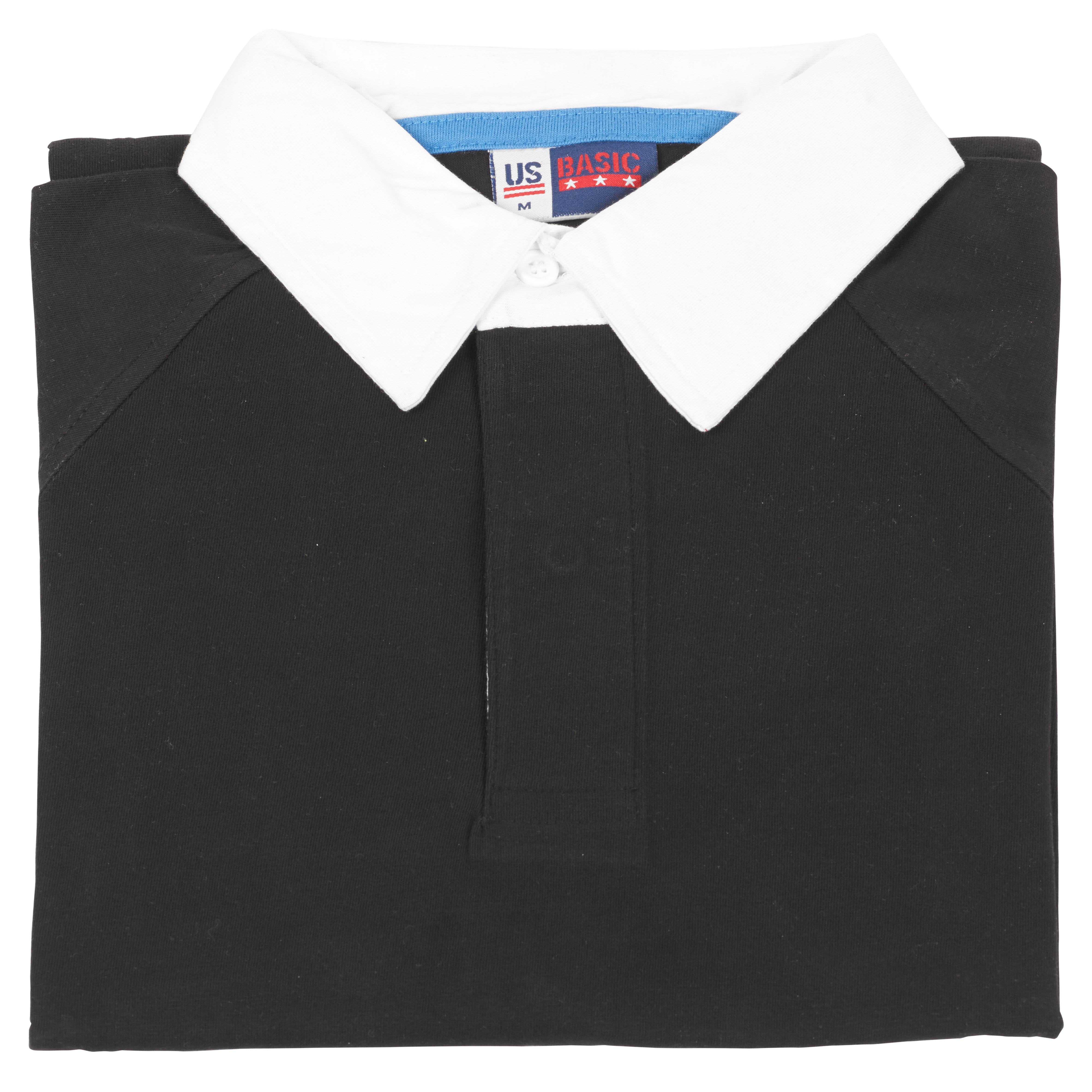Mens US Basic Black Rugby Shirt Polo White Collar Top Long Sleeve 100