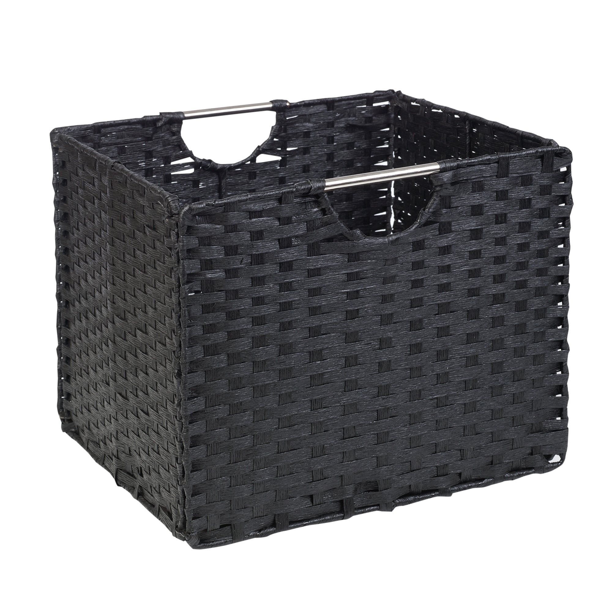 Woven Rattan Square Wicker Storage Basket With Brushed Metal Handles