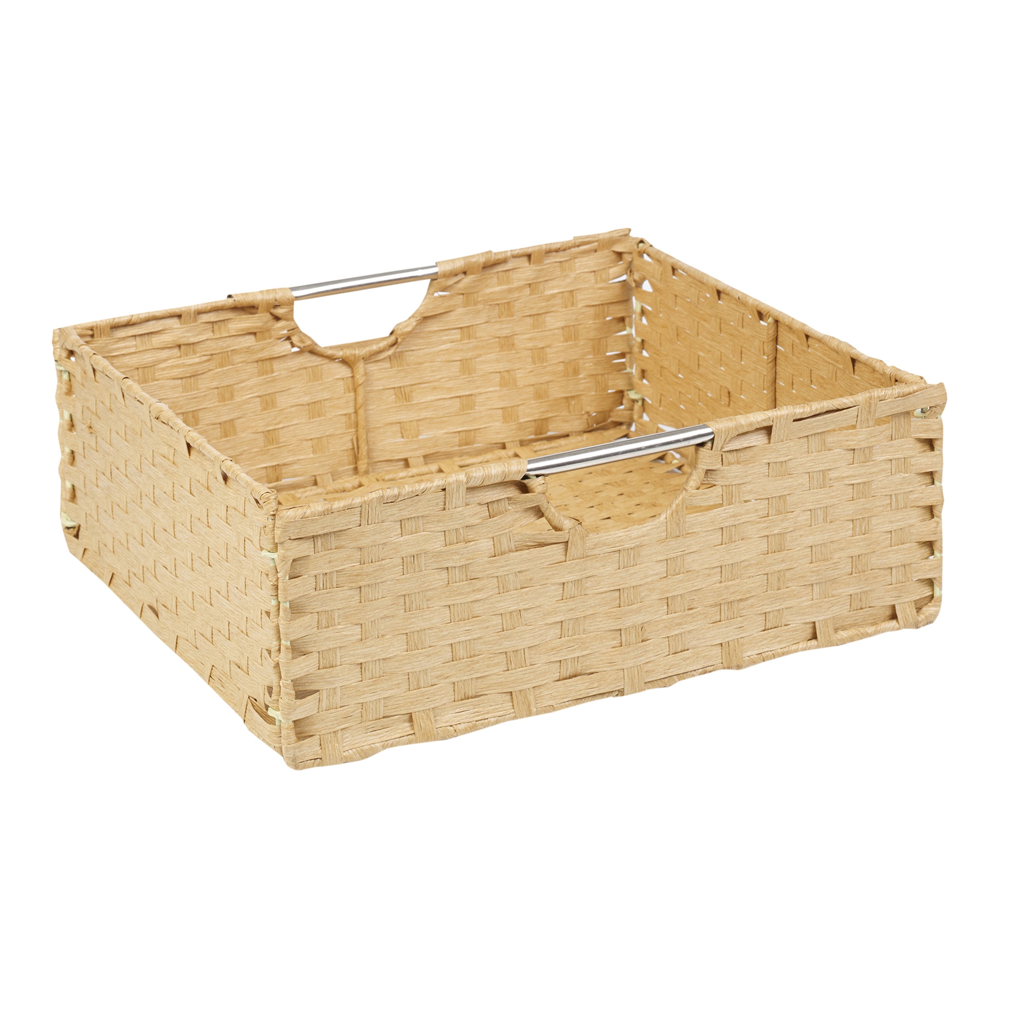 Woven Rattan Square Wicker Storage Basket With Brushed Metal Handles