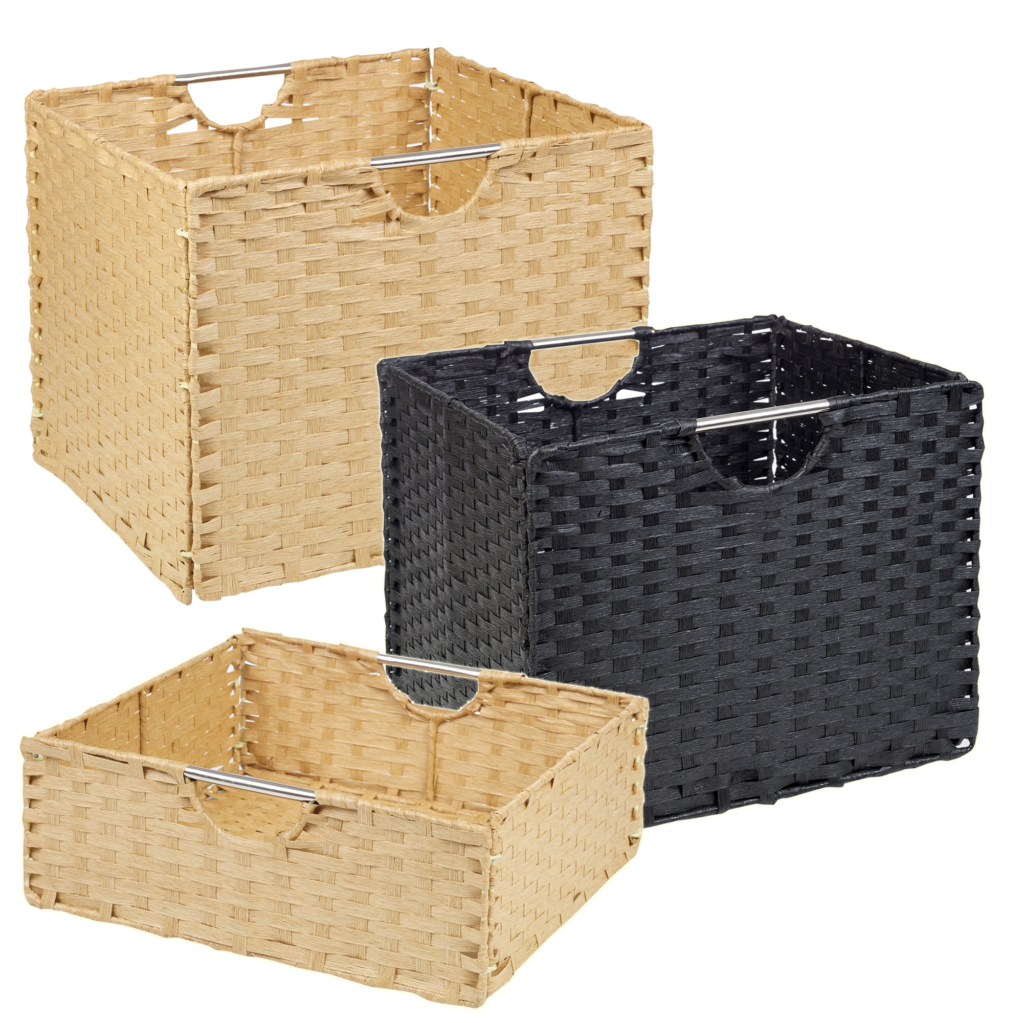 Woven Rattan Square Wicker Storage Basket With Brushed Metal Handles