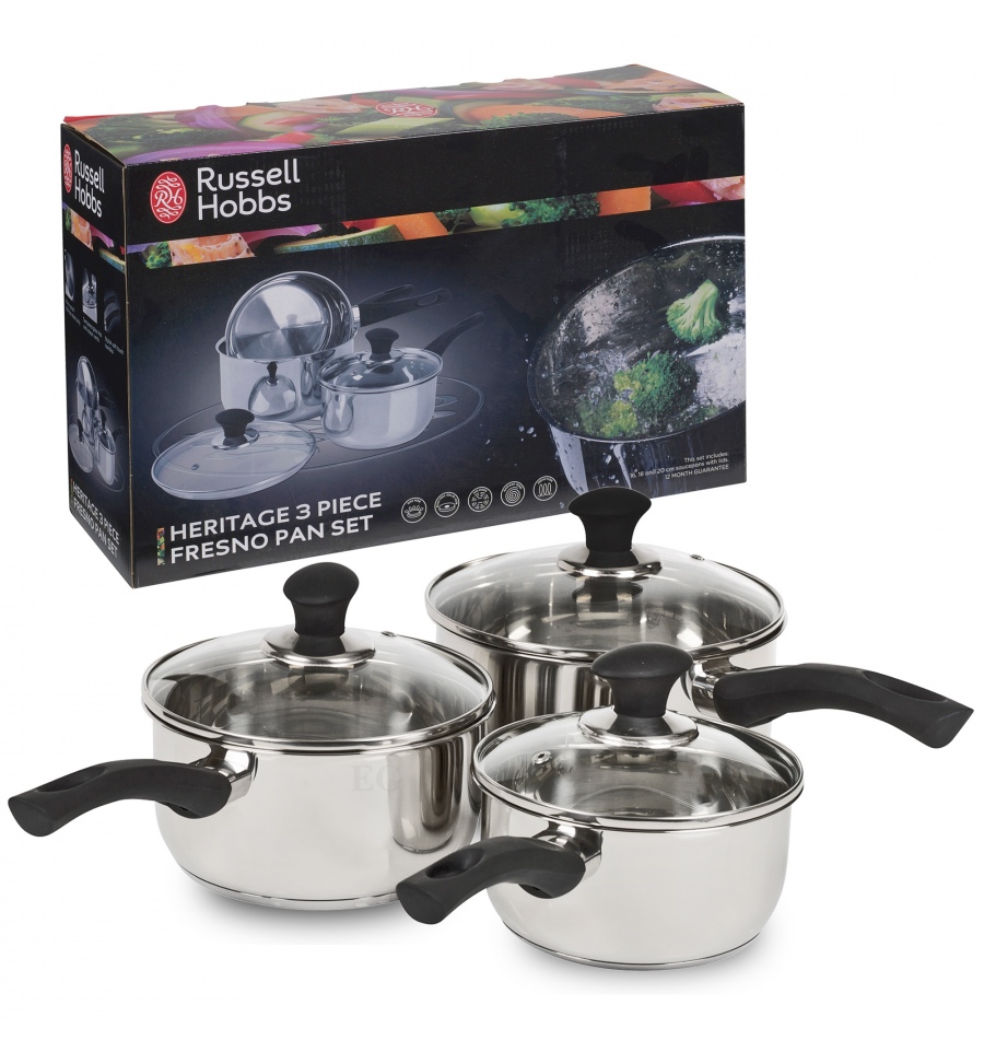 Russell Hobbs Heritage Fresno 3 Piece Stainless Steel Kitchen Pan Set With Black 