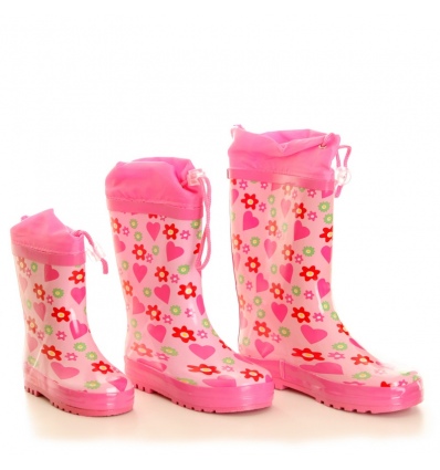 GIRLS PINK WELLIES WITH HEARTS AND FLOWERS PRINT