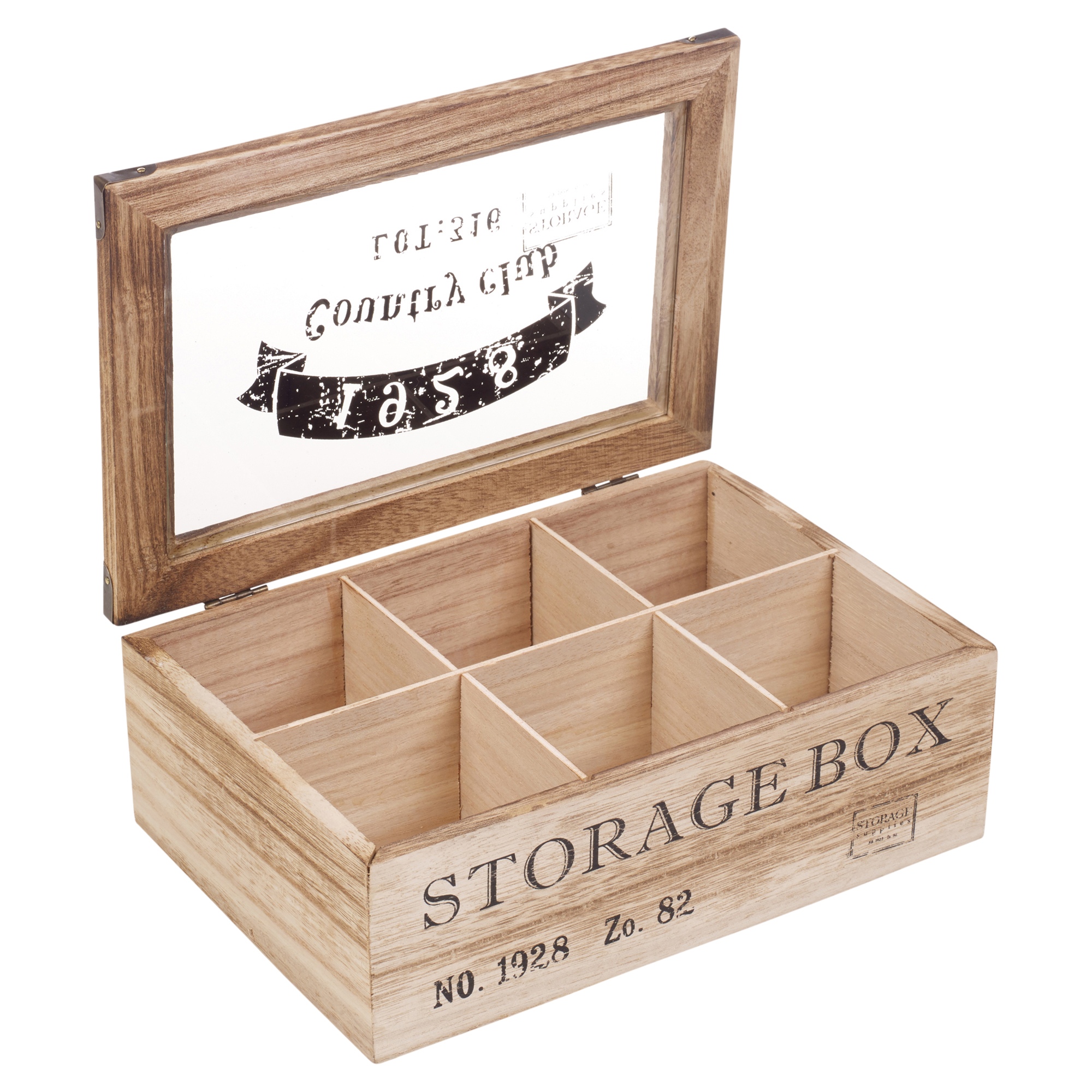 Wooden Tea Box 6 Or 9 Section Compartments Glass Lid Multi Storage