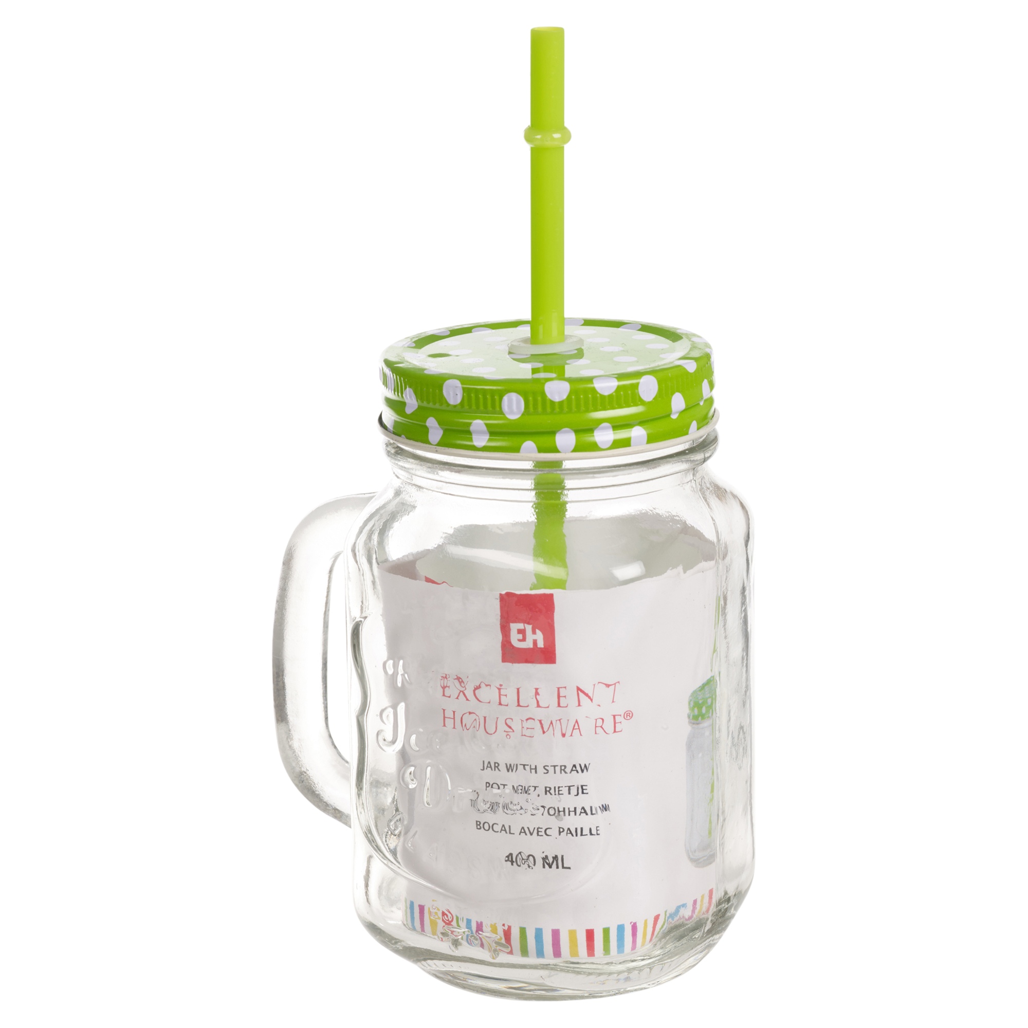 4 x 400ml Glass Drinking Cups Mason Jars With Handle & Straw Jar Colour