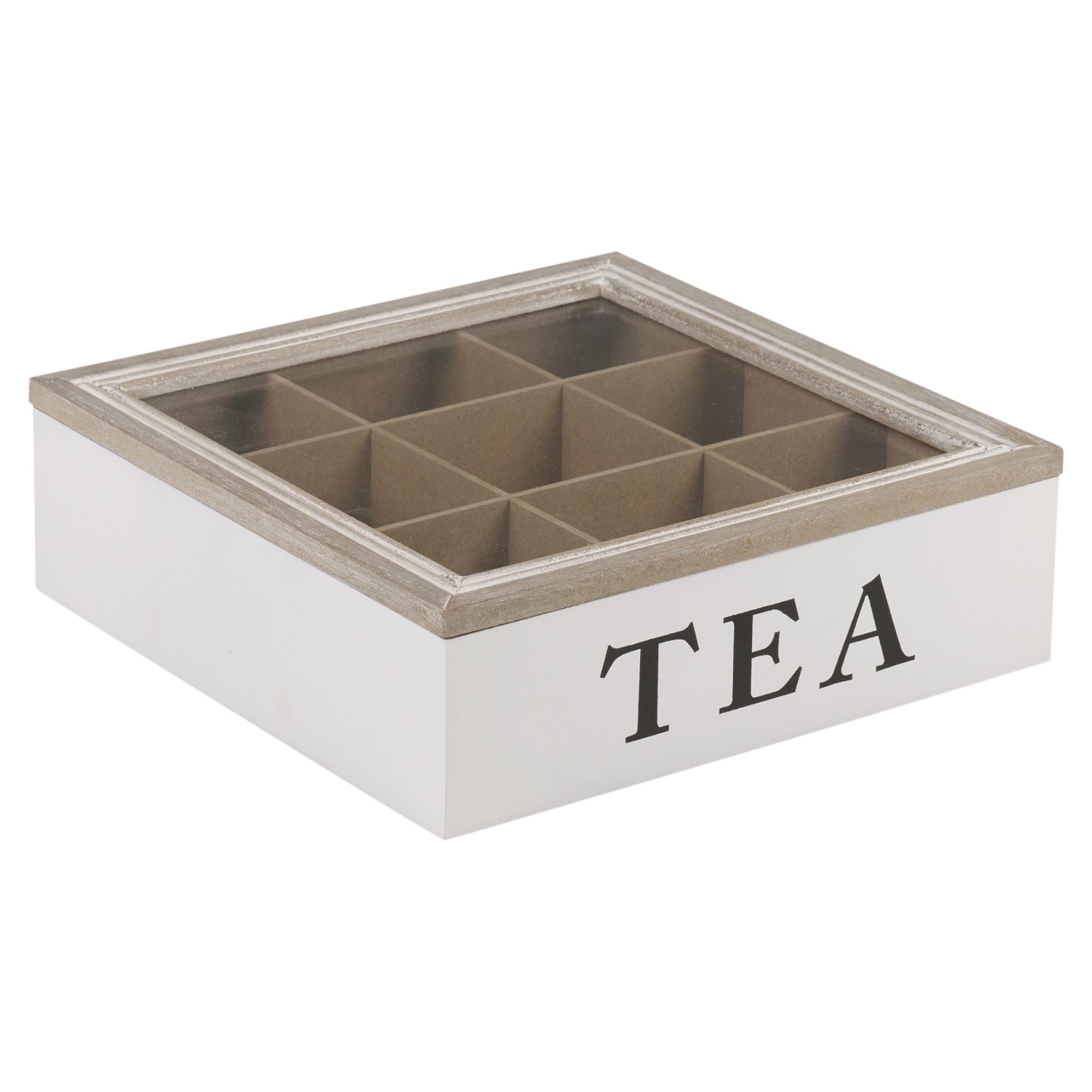 9 Compartments Wooden Tea Box Hinged Glass Lid Tea Bag Storage Box Home