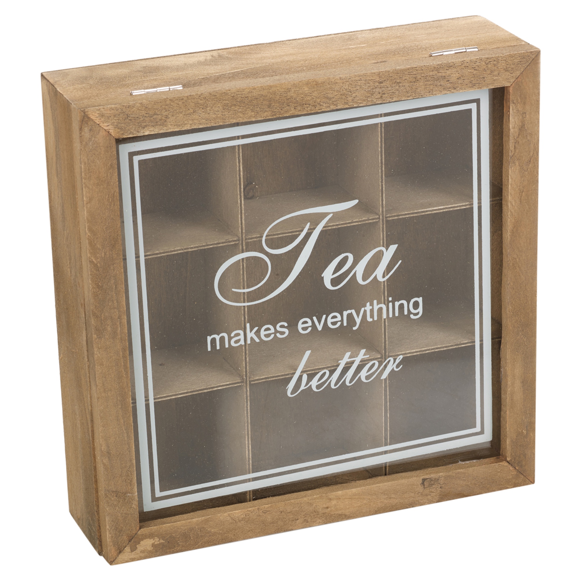 Wooden Tea Box 9 Compartments Hinged Glass Lid Tea Bag Home Kitchen