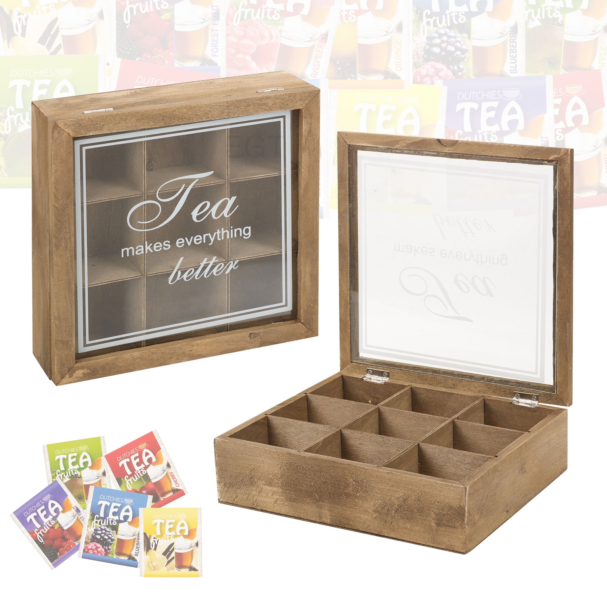 Wooden Tea Box 9 Compartments Hinged Glass Lid Tea Bag Home Kitchen