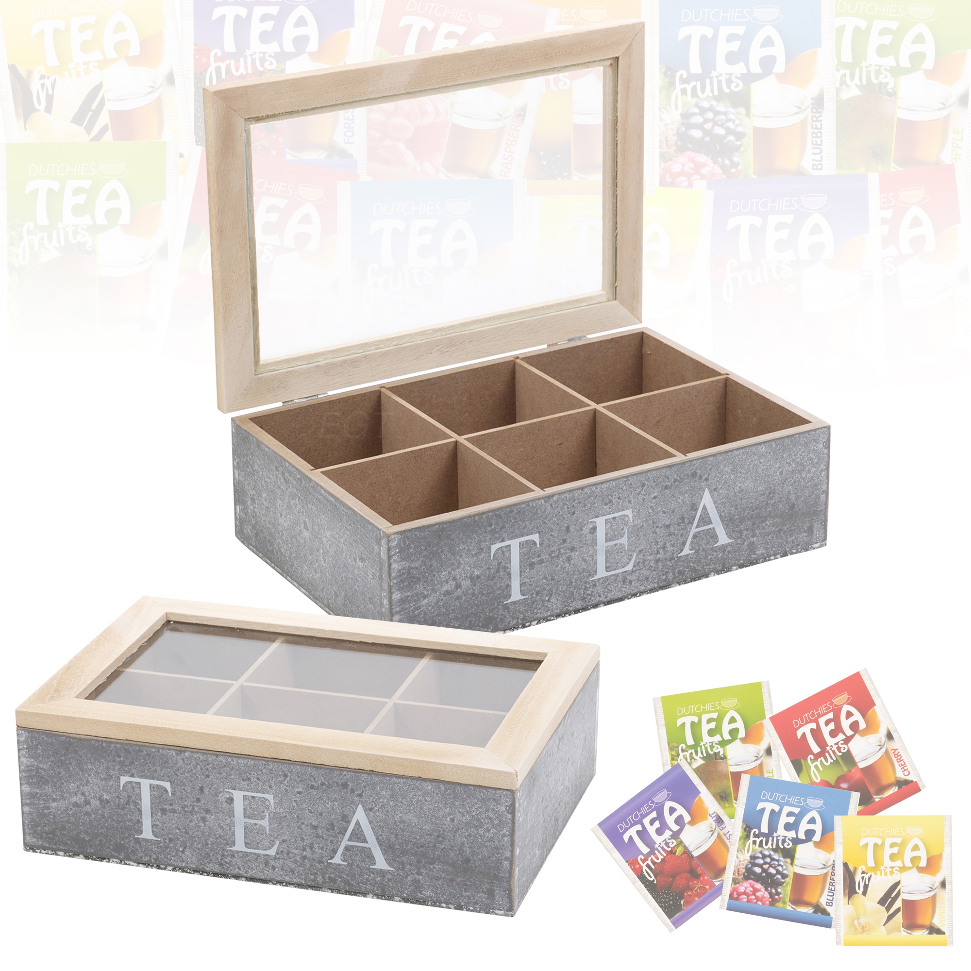 6 Section Wooden Tea Box Chalk Grey Glass Hinged Lid Kitchen Bag Item Specifics