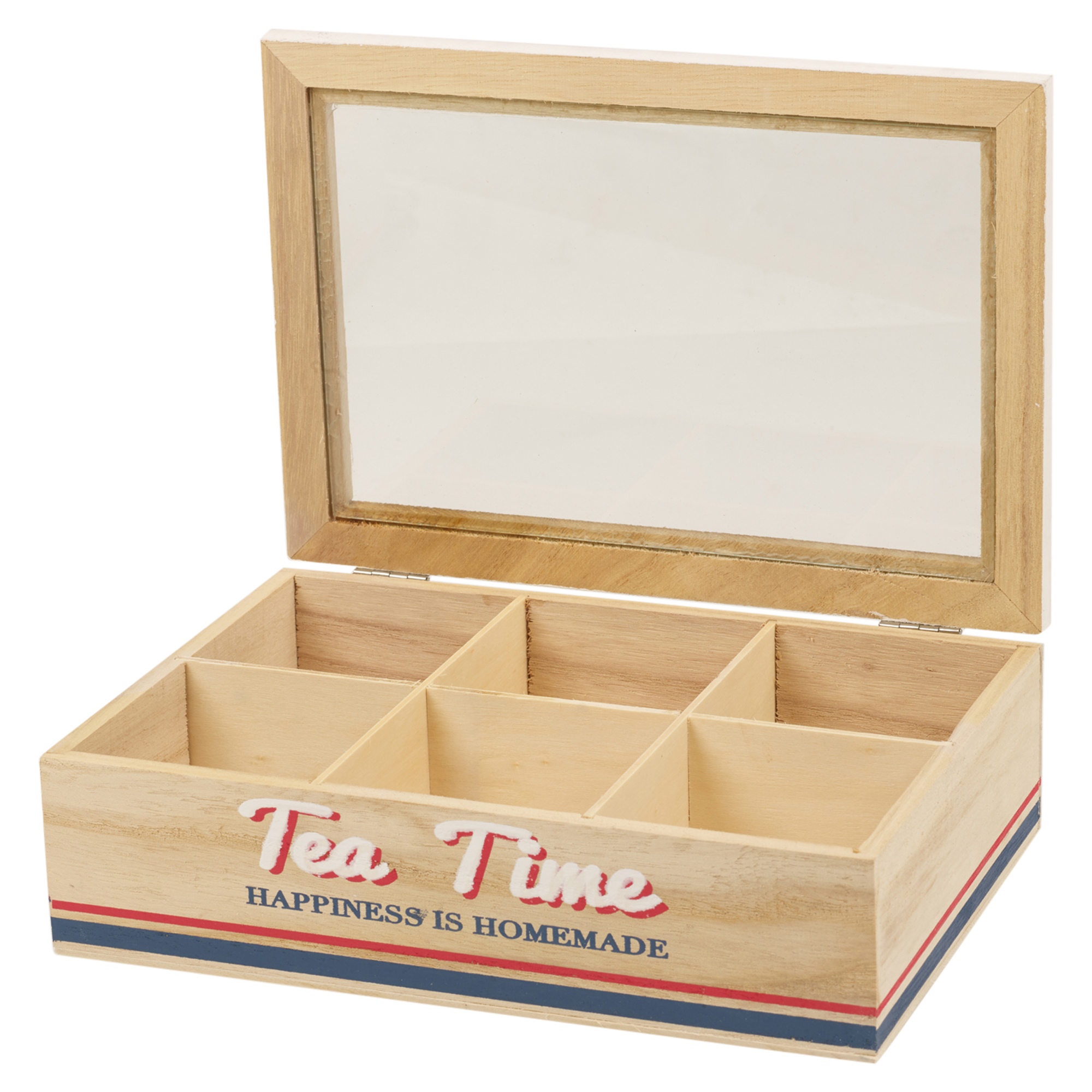 Wooden Tea Box 6 Or 9 Compartments Glass Hinged Lid Home Kitchen Bag