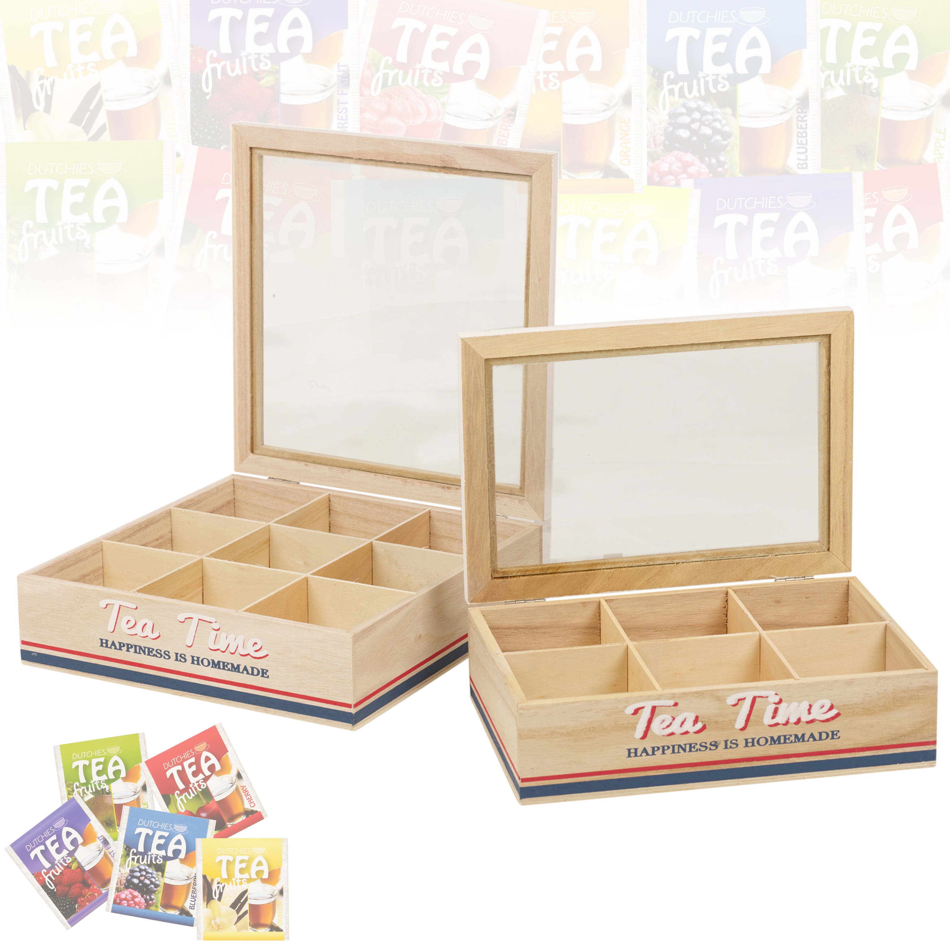 Wooden Tea Box 6 Or 9 Compartments Glass Hinged Lid Home Kitchen Bag