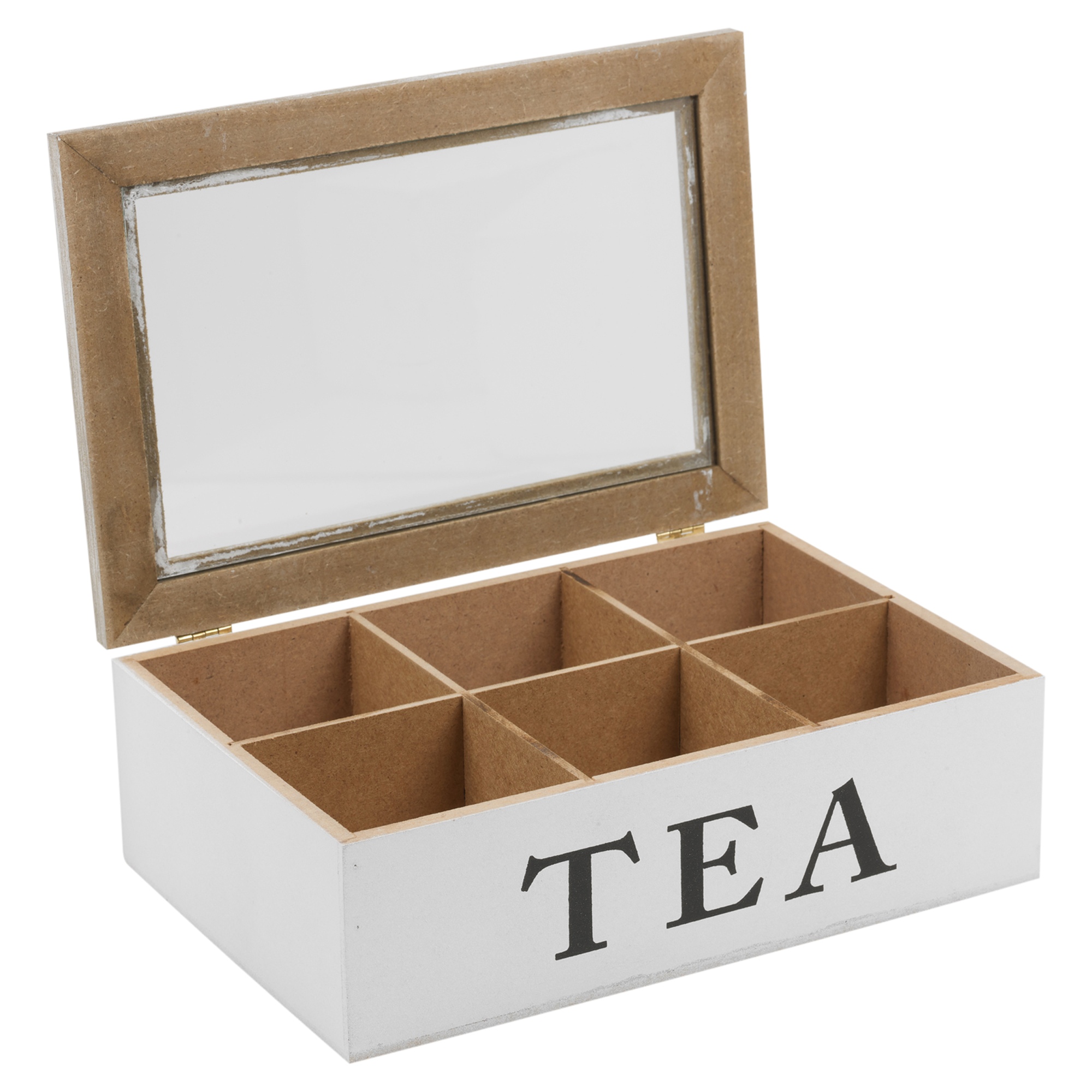 6 Section Wooden Tea Box Glass Hinged Lid Kitchen Storage Tea Bag Home White NEW eBay