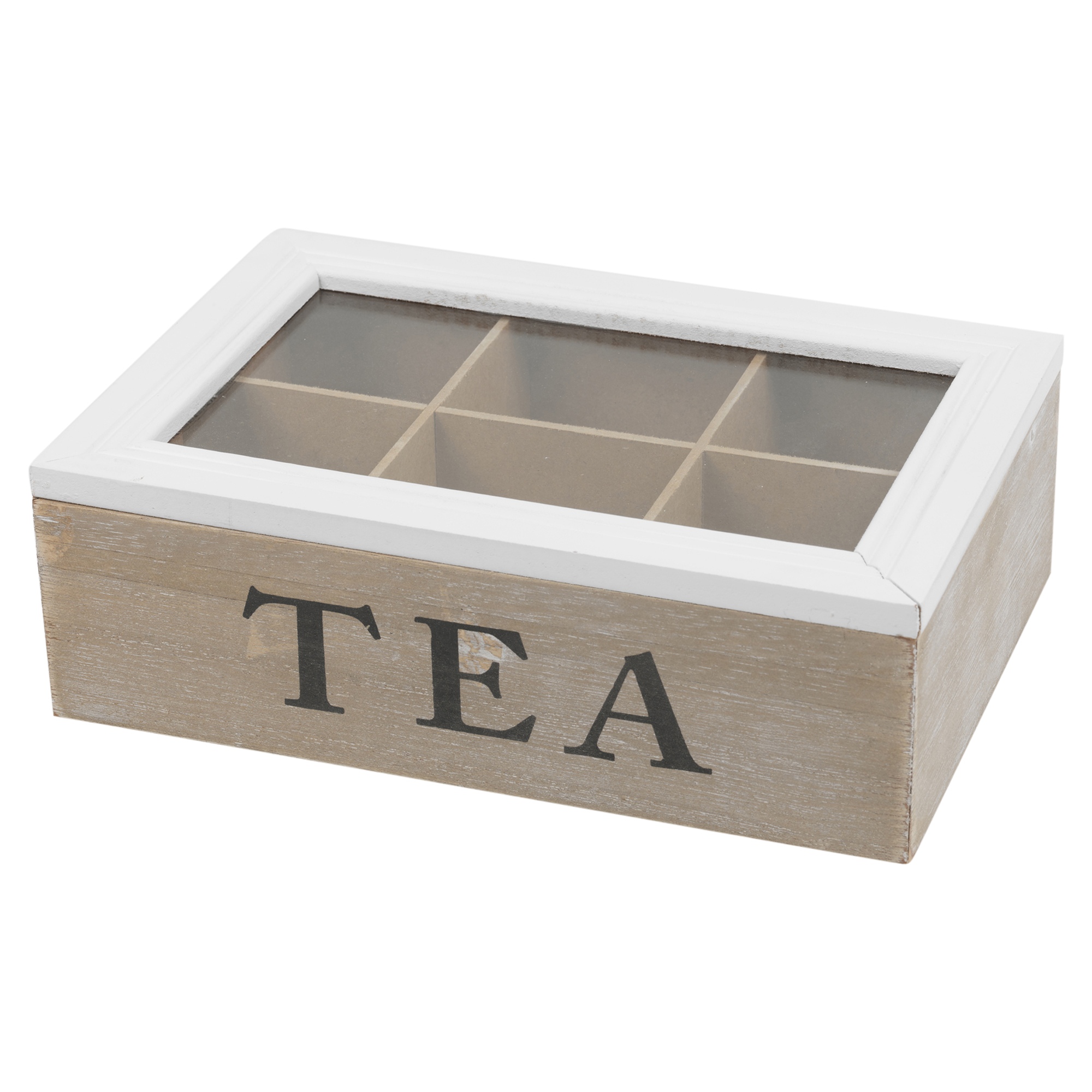 6 Section Wooden Tea Box Glass Hinged Lid Kitchen Storage Tea Bag Home