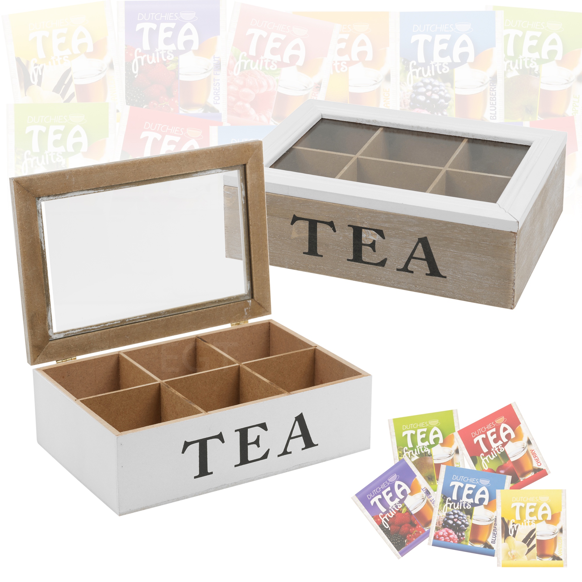 6 Section Wooden Tea Box Glass Hinged Lid Kitchen Storage Tea Bag Home