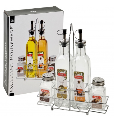 Glass Cruet Set With Metal Stand [022667][Olive Design]