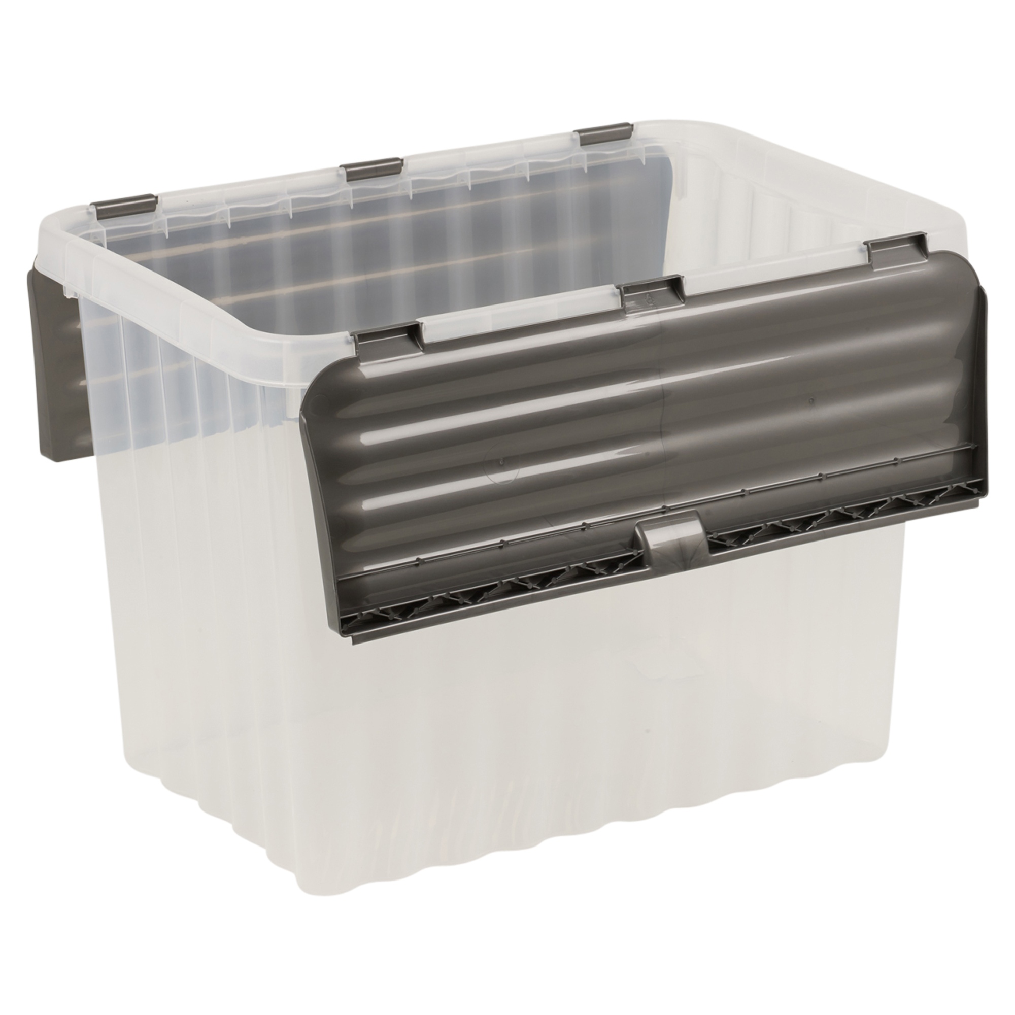Plastic Storage Box Grey Hinged Lid Ripple Design Quality Stackable