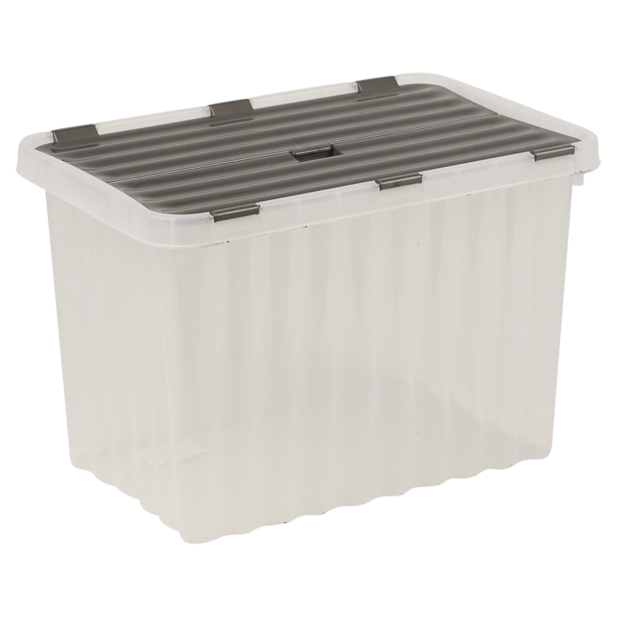 Plastic Storage Box Grey Hinged Lid Ripple Design Quality Stackable