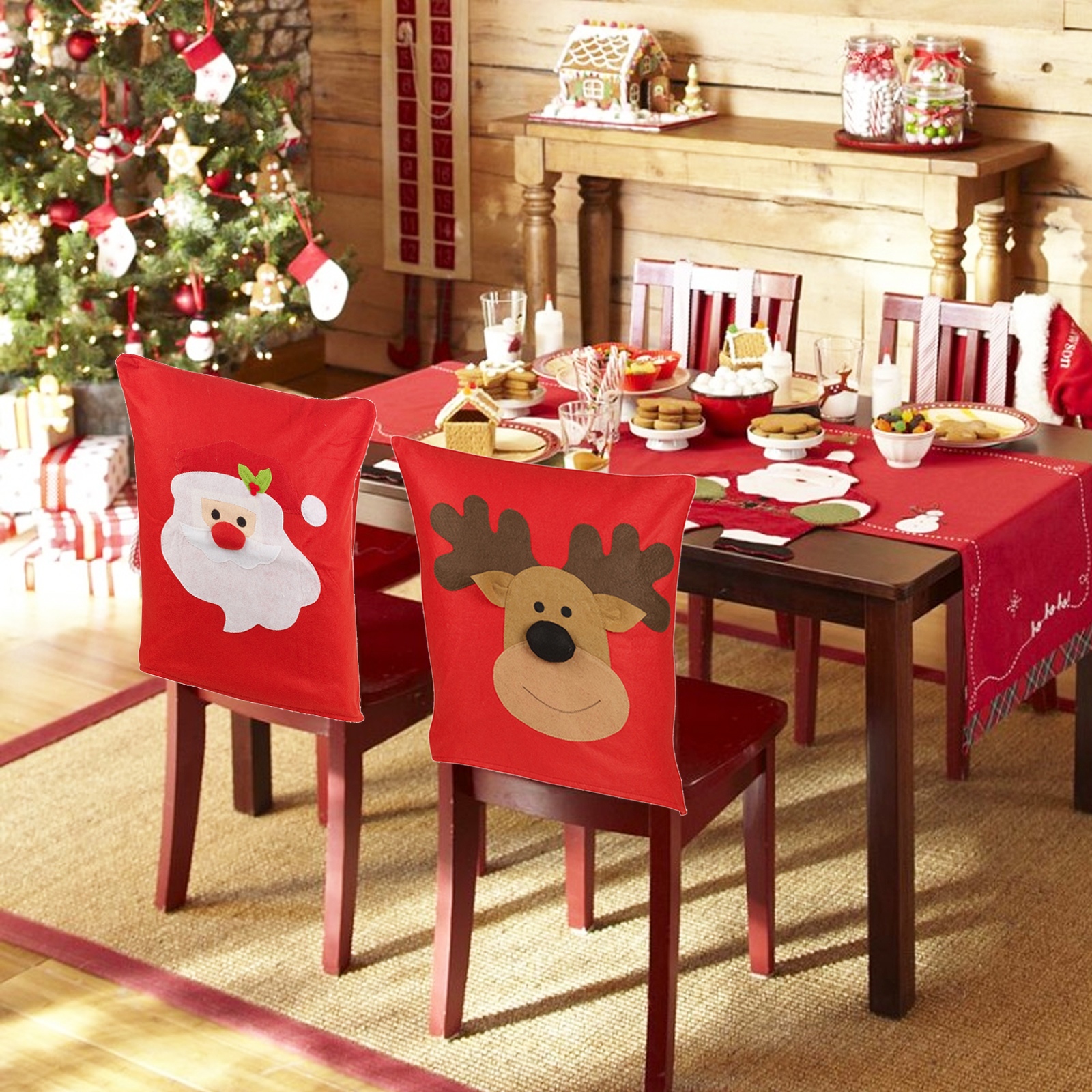 4 6 Christmas Reindeer Dining Chair Back Party Covers Xmas Table