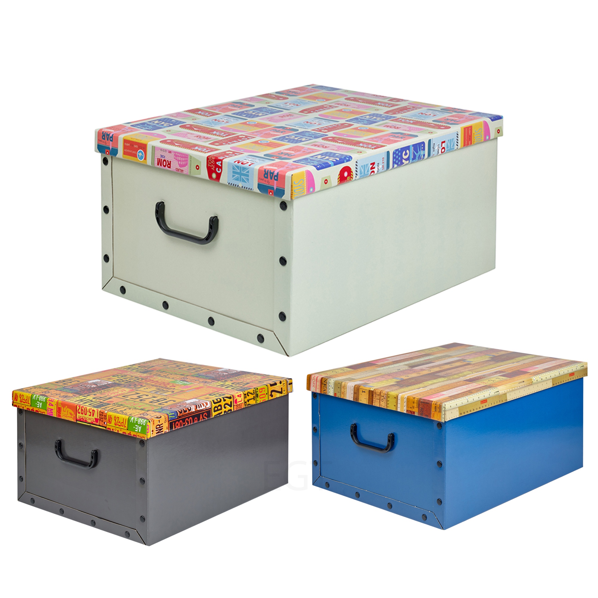 Set Of 3 Under Bed Cardboard Designed Storage Boxes Wooden Lids