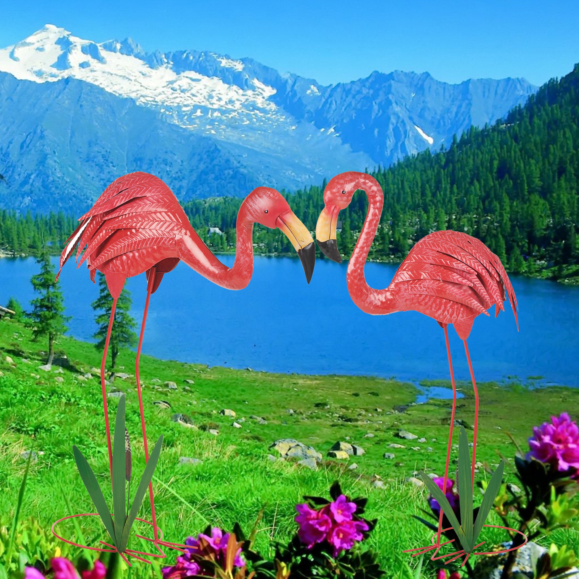 Tall Pink Metal Flamingo Garden Decoration Pond Ornament Free Standing