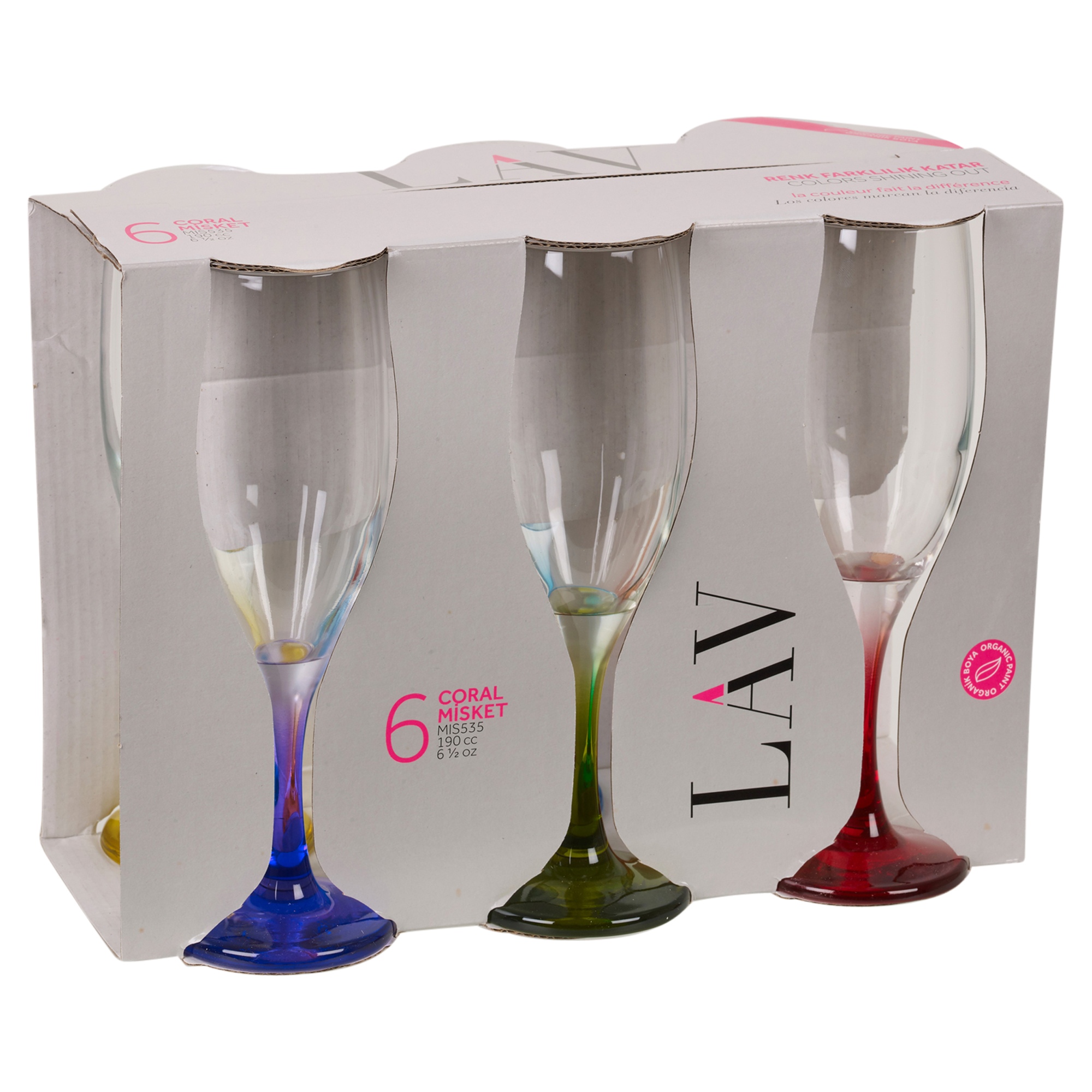 Set Of 6 L.A.V. 6.5oz Champagne Multi Colour Stem Flute HiBall Glasses