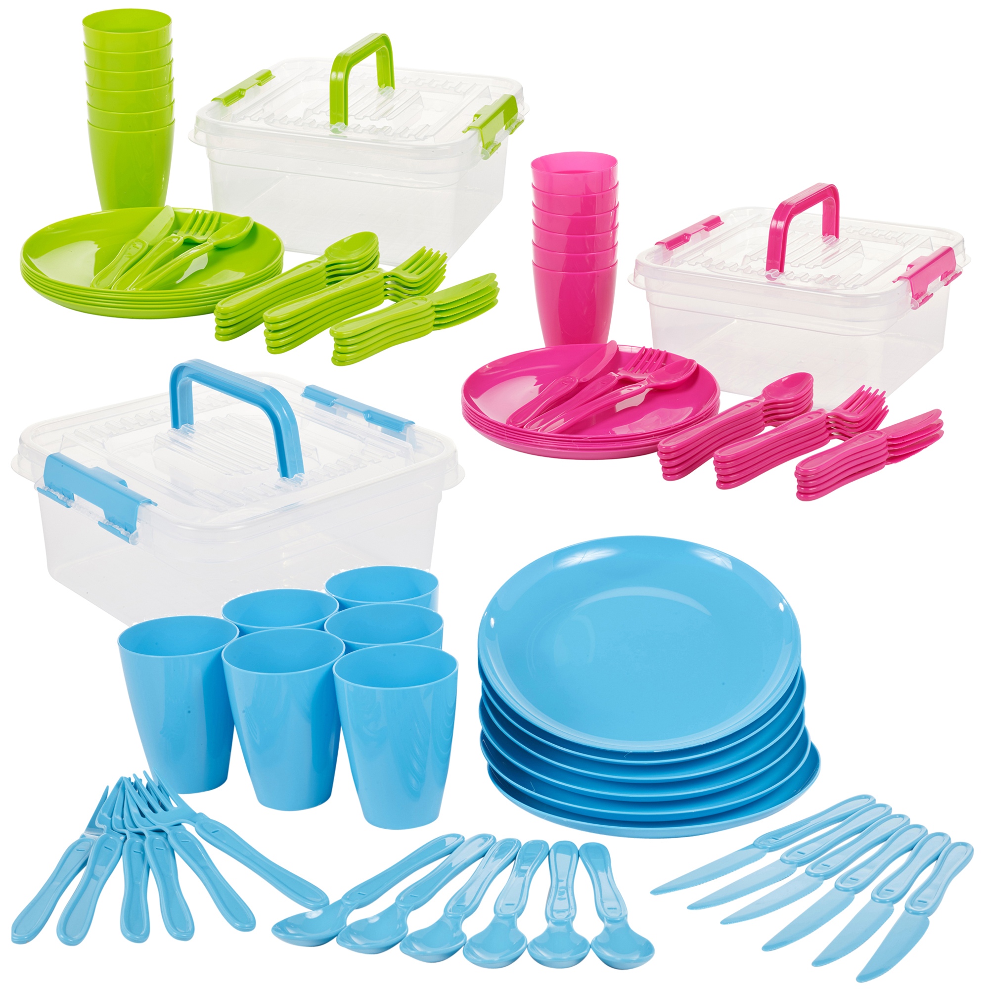 31 Piece Camping Picnic Plastic Utensil Set Knives Fork Spoon Cups /& Plates