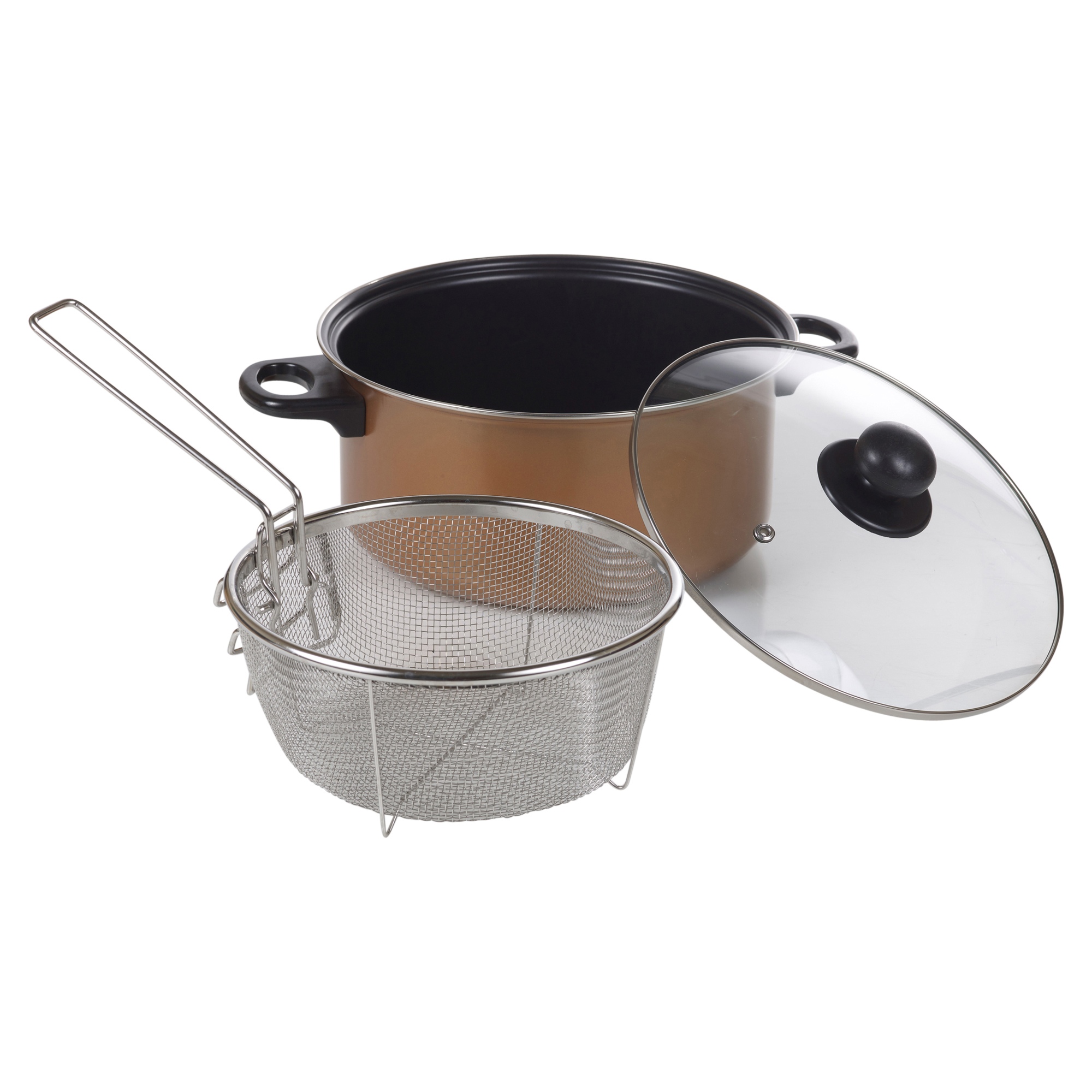 Stove Top Chip Pan Deep Fat Fryer Set Copper Look Frying Basket Clear