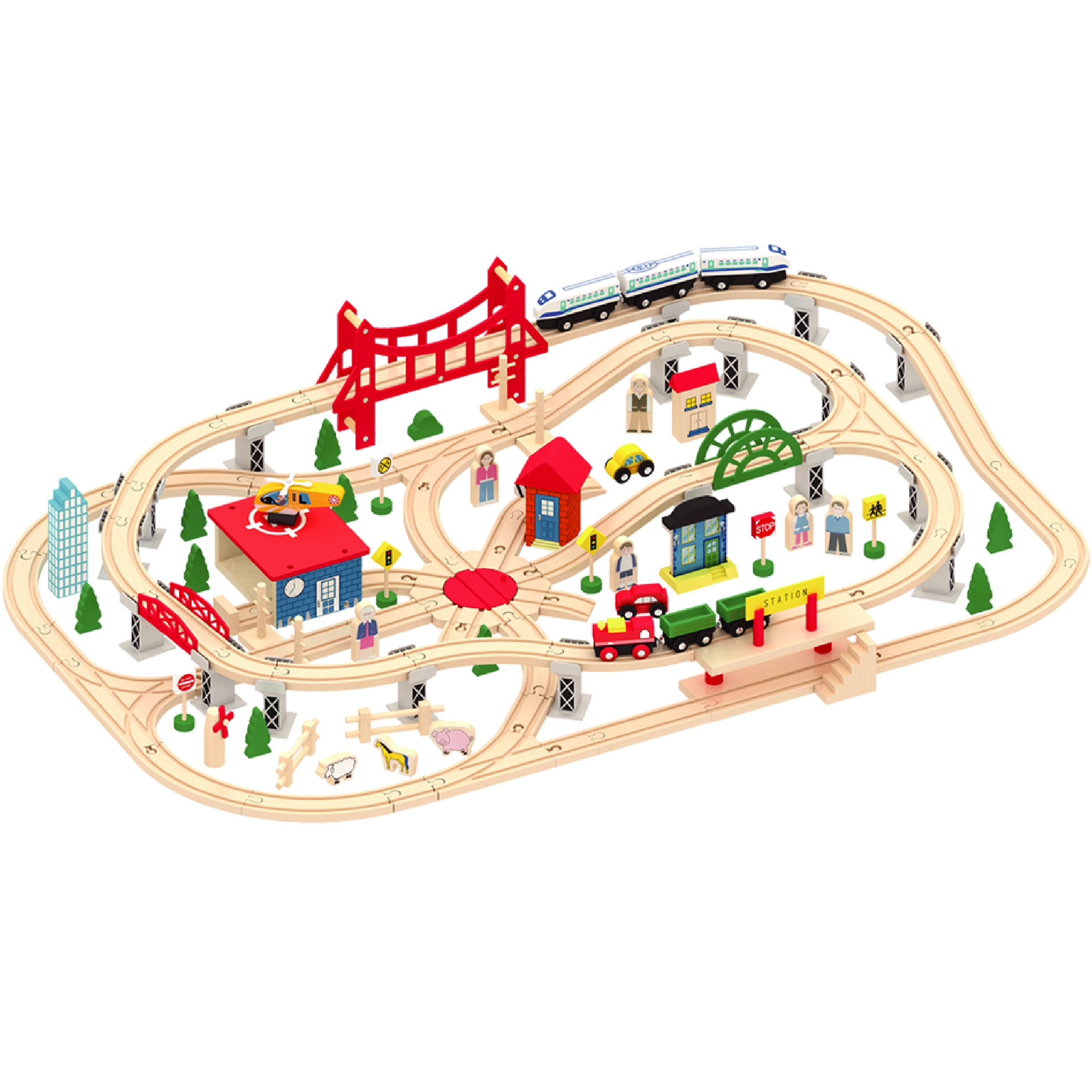 Wooden 130 Pcs Busy City Train Set Railway Track Toy Brio Bigjigs Compatible Ebay