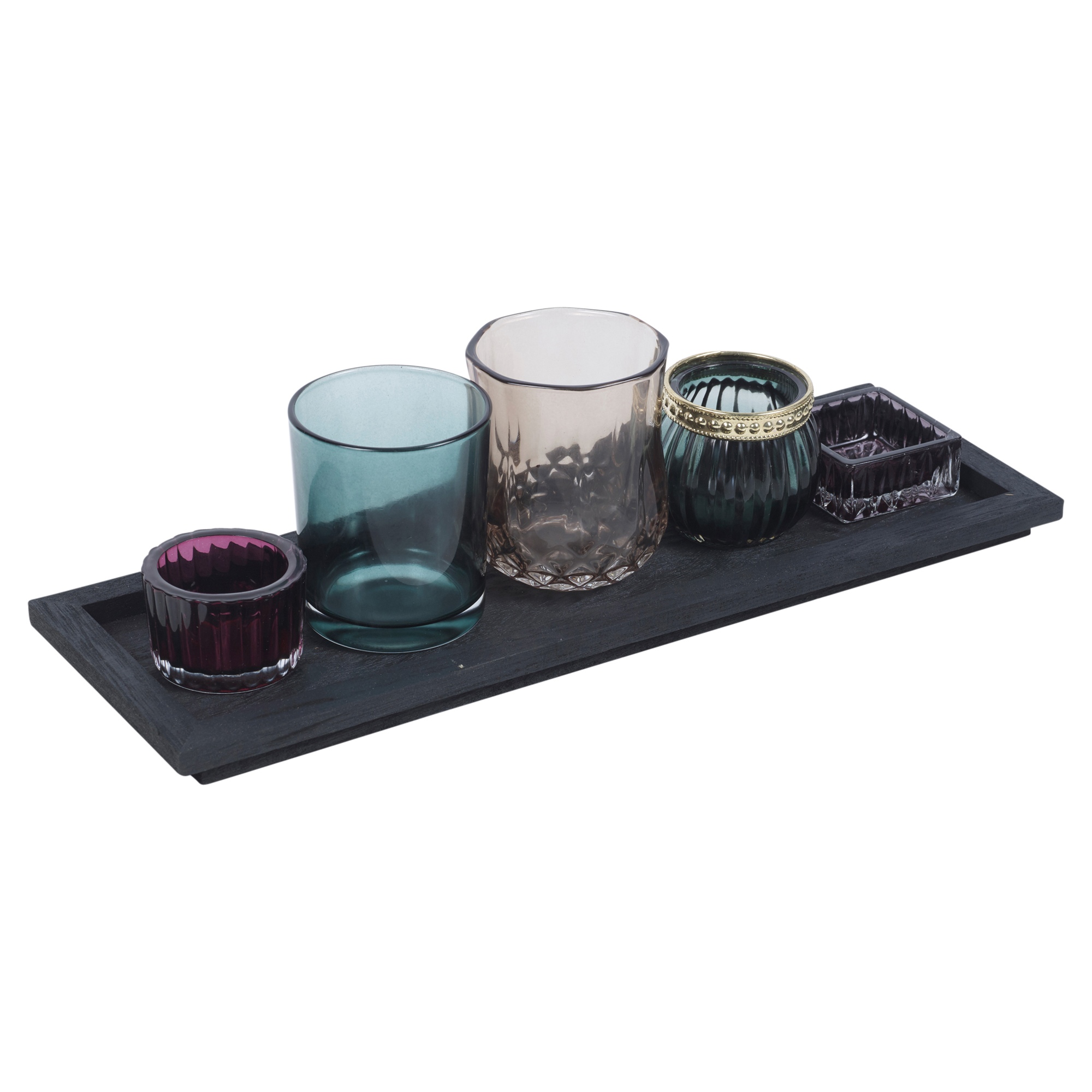5 Glass Tealight Holders With Wood Tray Mantle Display Home Decoration