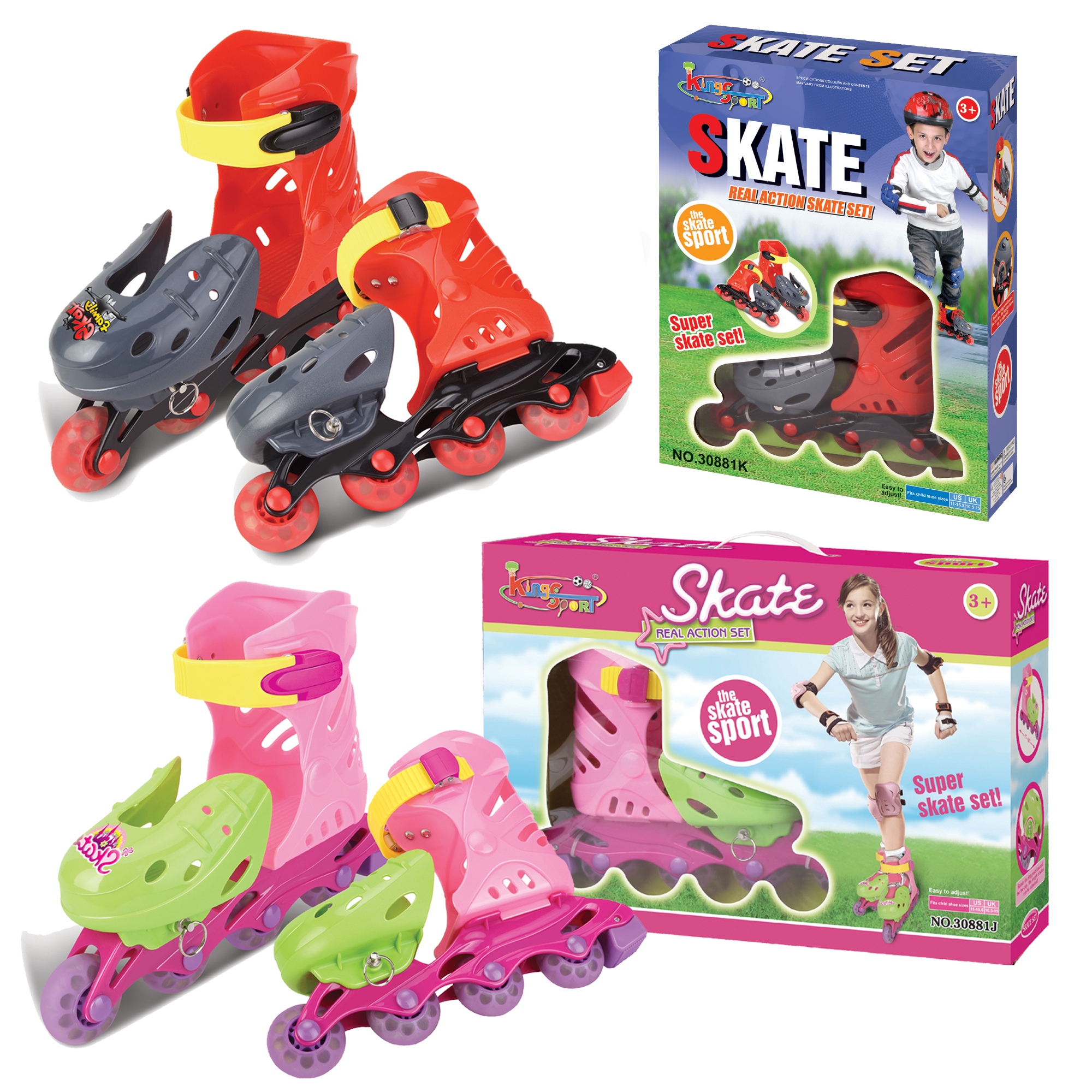 Kids 4 Wheels In Line Roller Blades Skates Boys Girls Adjustable Size