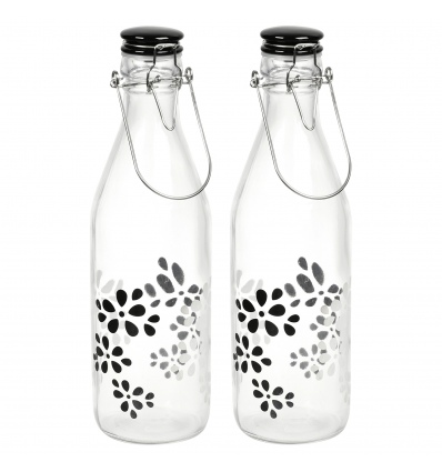 ZAK! 1L Black & White Lily Glass Bottle with Ceramic Clip Lid - Pack of 2