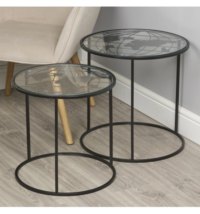 2 Nesting Side Tables with World Map 40cm Black [537295]