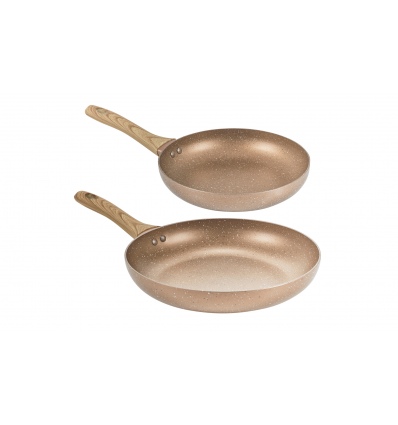 URBN-CHEF Rose Gold Pots & Pans With Wood Look Handles 2 Frying Pans