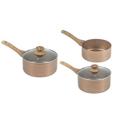 URBN-CHEF Rose Gold Pots & Pans With Wood Look Handles 3 Saucepans