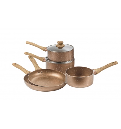 URBN-CHEF Rose Gold Pots & Pans With Wood Look Handles 5 Pc Set