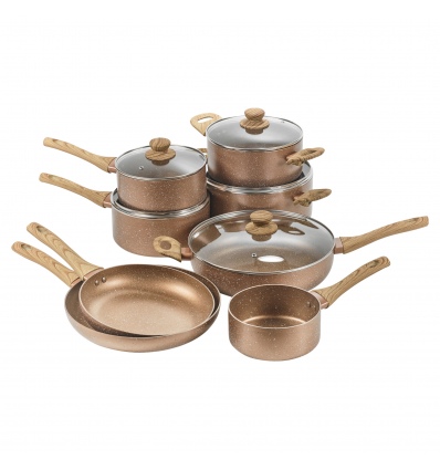 URBN-CHEF Rose Gold Pots & Pans With Wood Look Handles 8Pc Set