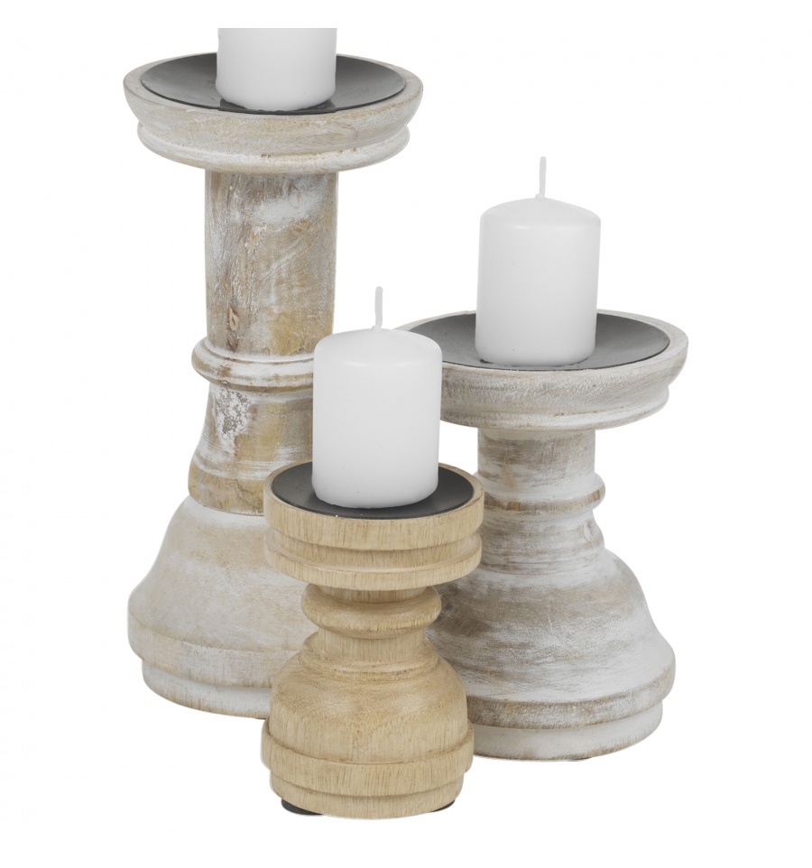 Easygift Products 22cm White washed Shabby Chic Wooden Candle Holder Pillar Candle Stick Rustic Vintage Engraved - 1 Candlestick 