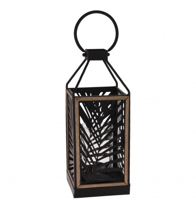 38cm Black Metal & Wood Leaf Design Lantern [841064]